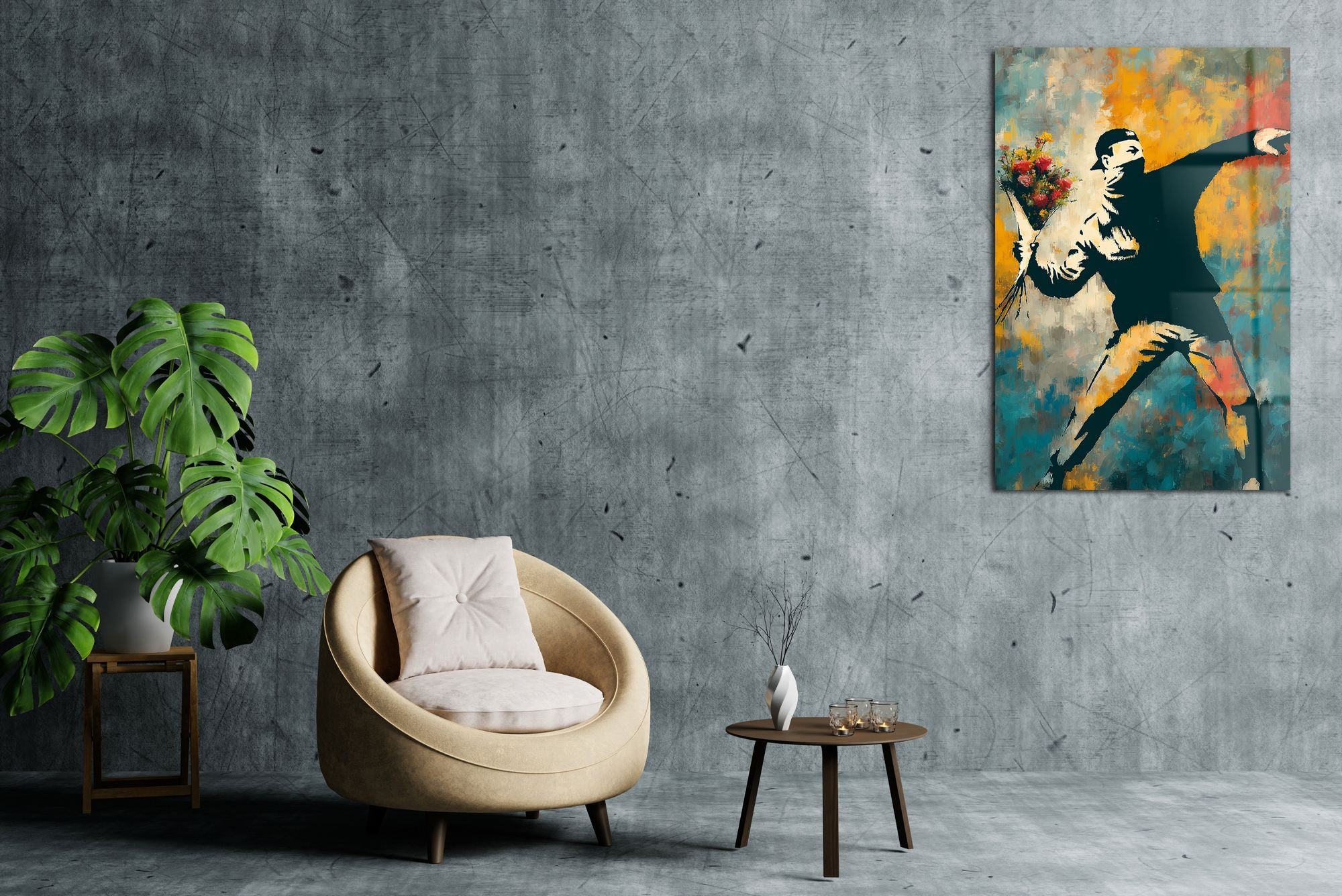 Banksy Flower Protest — Quadro Decorativo em Vidro Acrílico Ótico 3 mm, Multicolor, 44 x 66 cm