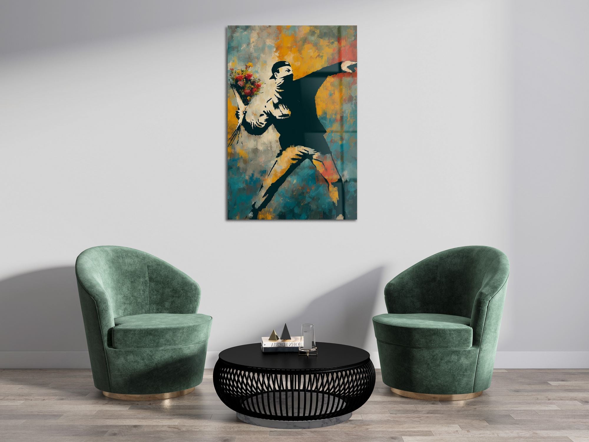 Banksy Flower Protest em Acrílico Óptico 3 mm – Quadro Decorativo Multicolor 66 x 99 cm