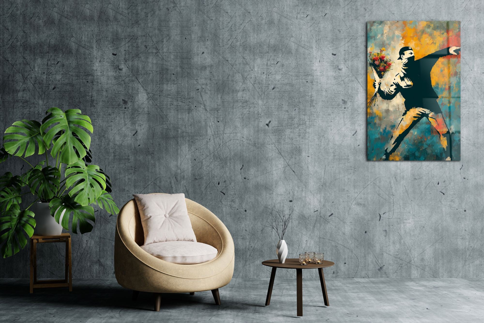 Banksy Flower Protest em Acrílico Óptico 3 mm – Quadro Decorativo Multicolor 66 x 99 cm