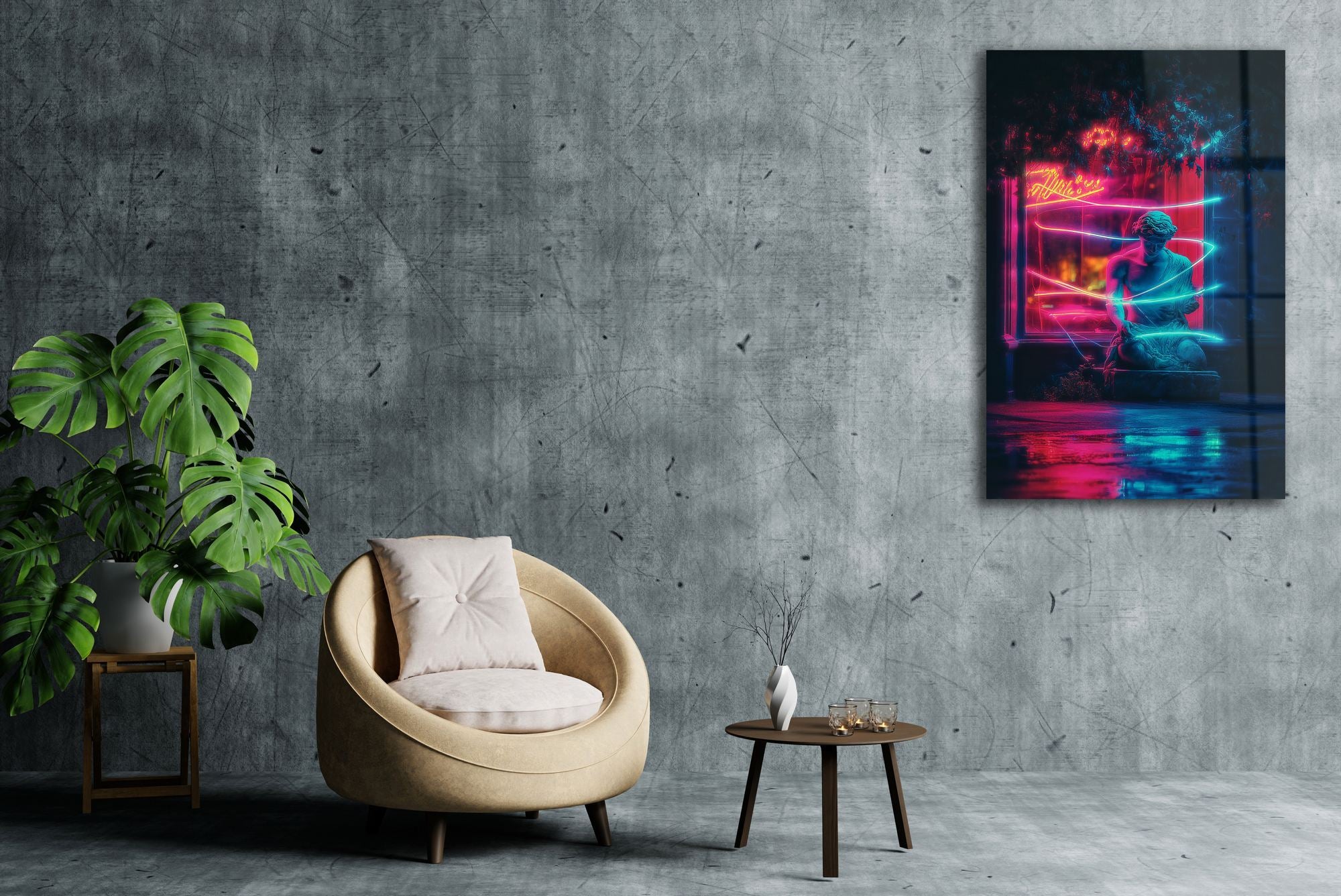 Quadro Decorativo em Acrílico Neon Garden Statue 66 x 99 cm — Multicolor, 100% Acrílico de Grau Óptico (3 mm)