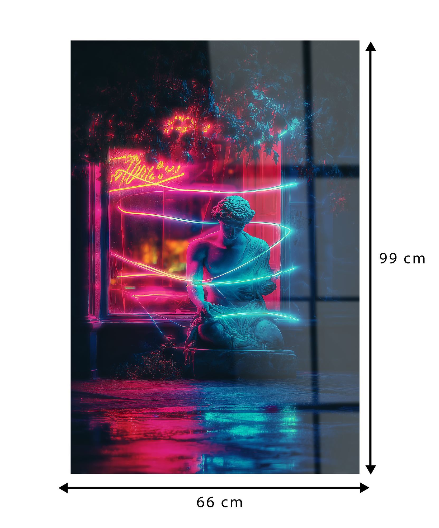 Quadro Decorativo em Acrílico Neon Garden Statue 66 x 99 cm — Multicolor, 100% Acrílico de Grau Óptico (3 mm)