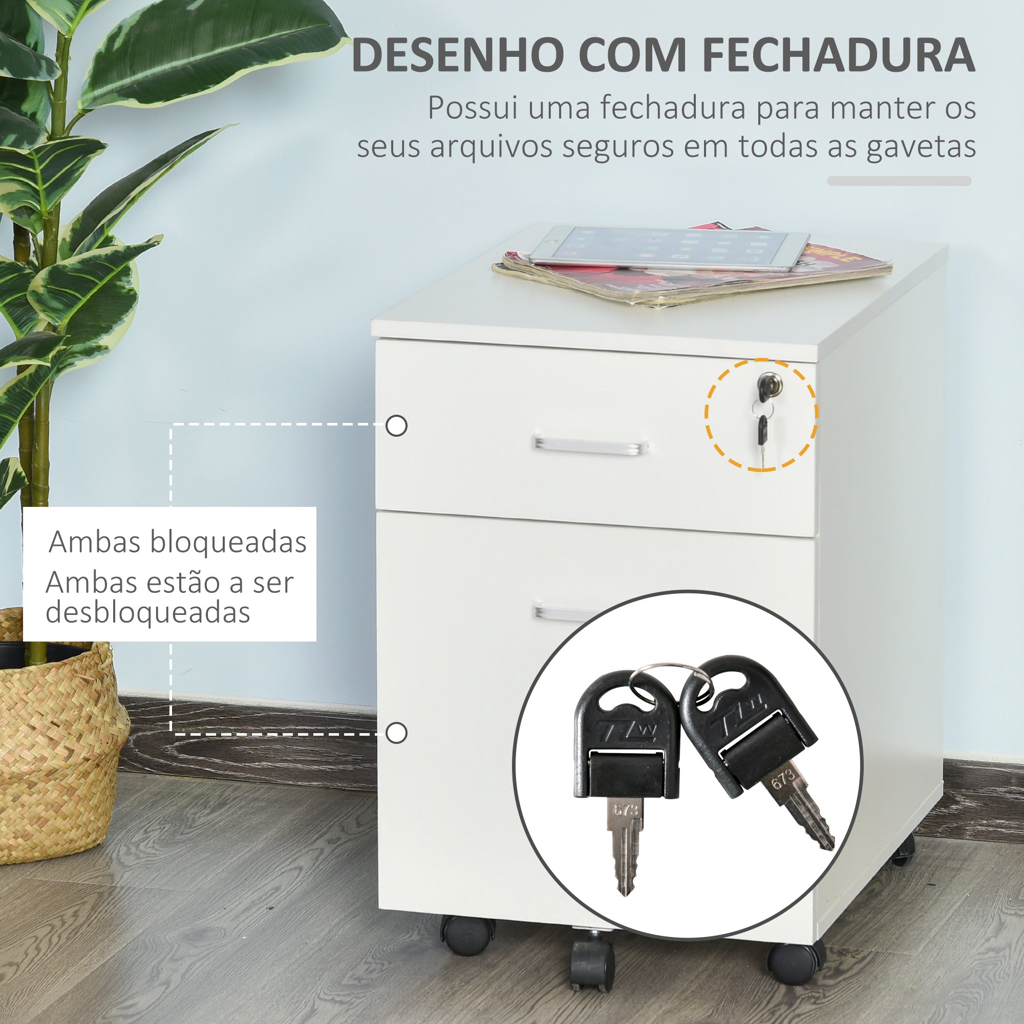 Bloco de Gavetas de Madeira Móvel para Arquivos - 40x49x58 cm - Branco