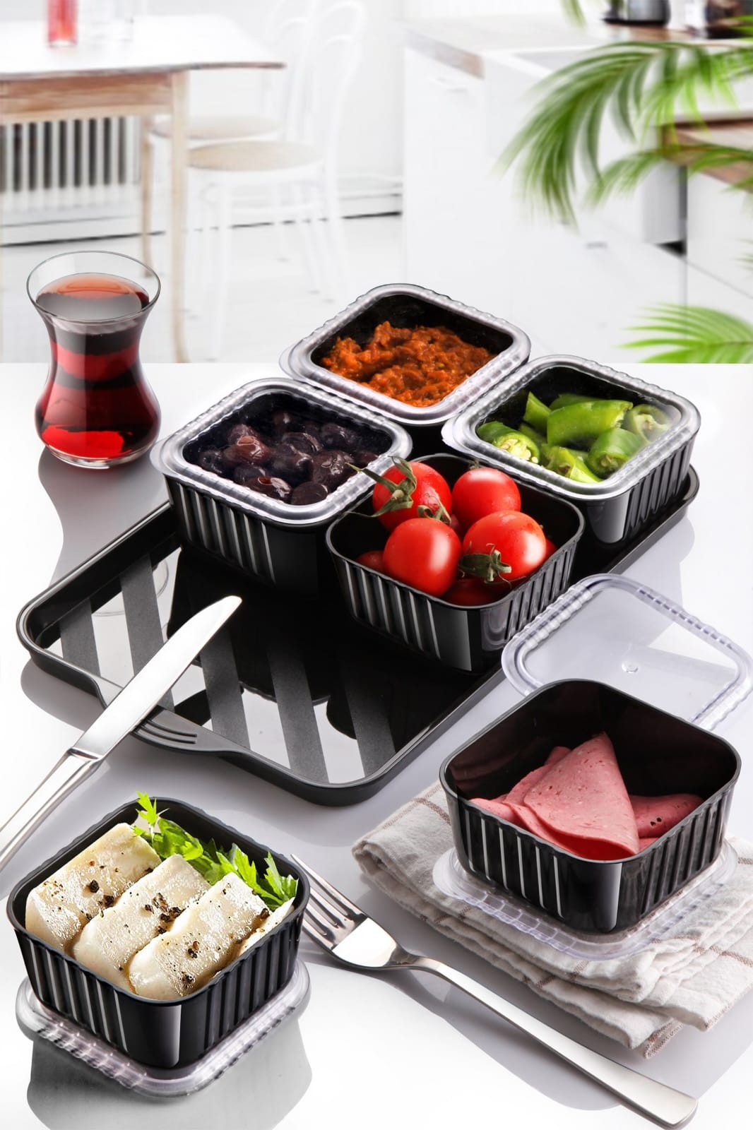 Conjunto de pequeno-almoço – 39 x 19 x 1.5 cm (tabuleiro) – Preto – Acrílico