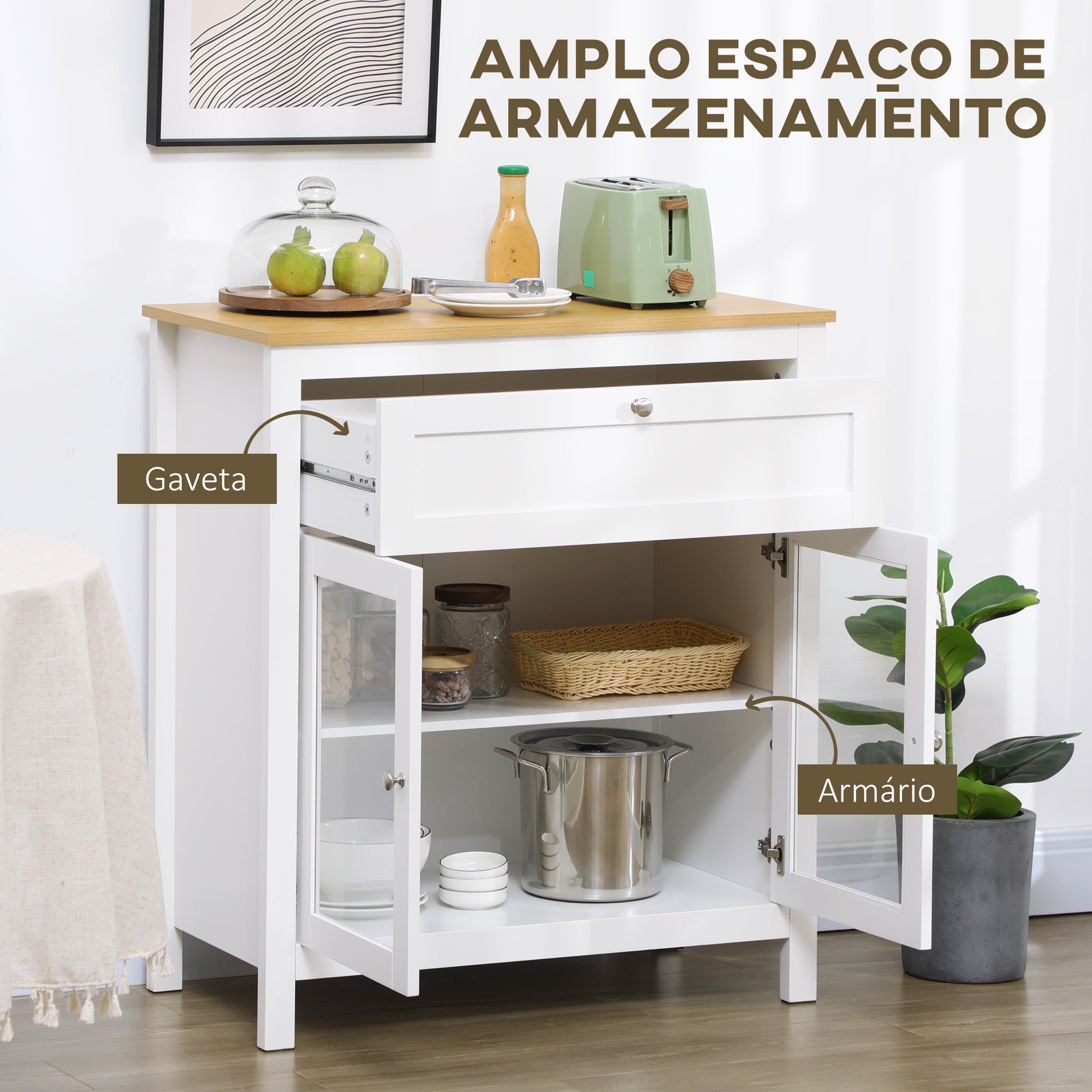 Aparador de Cozinha Moderno 80x40x90 cm Branco e Madeira