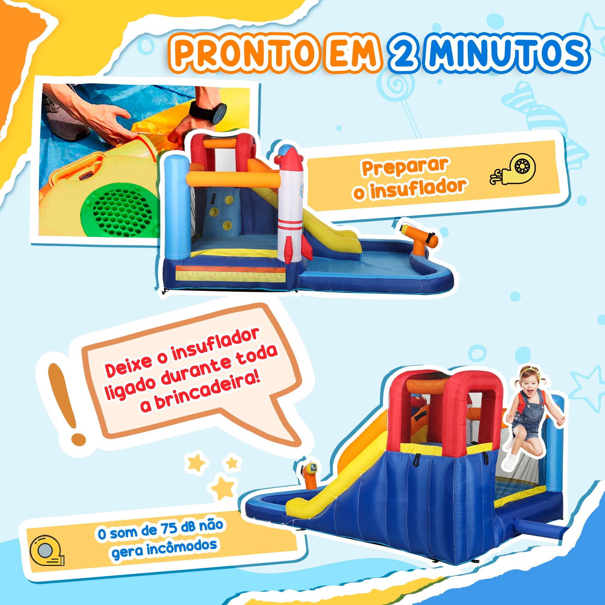 Castelo Insuflável Multicolorido 360x250x195 cm para Diversão Aquática
