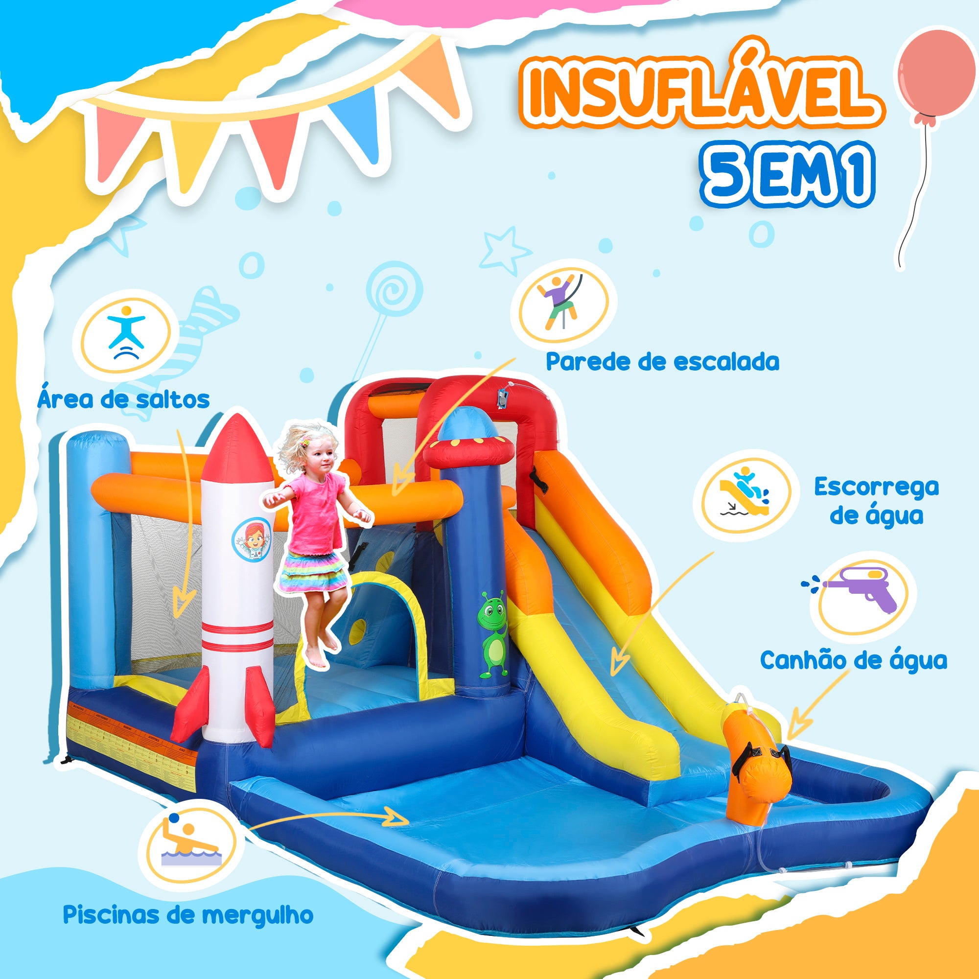 Castelo Insuflável Multicolorido 360x250x195 cm para Diversão Aquática