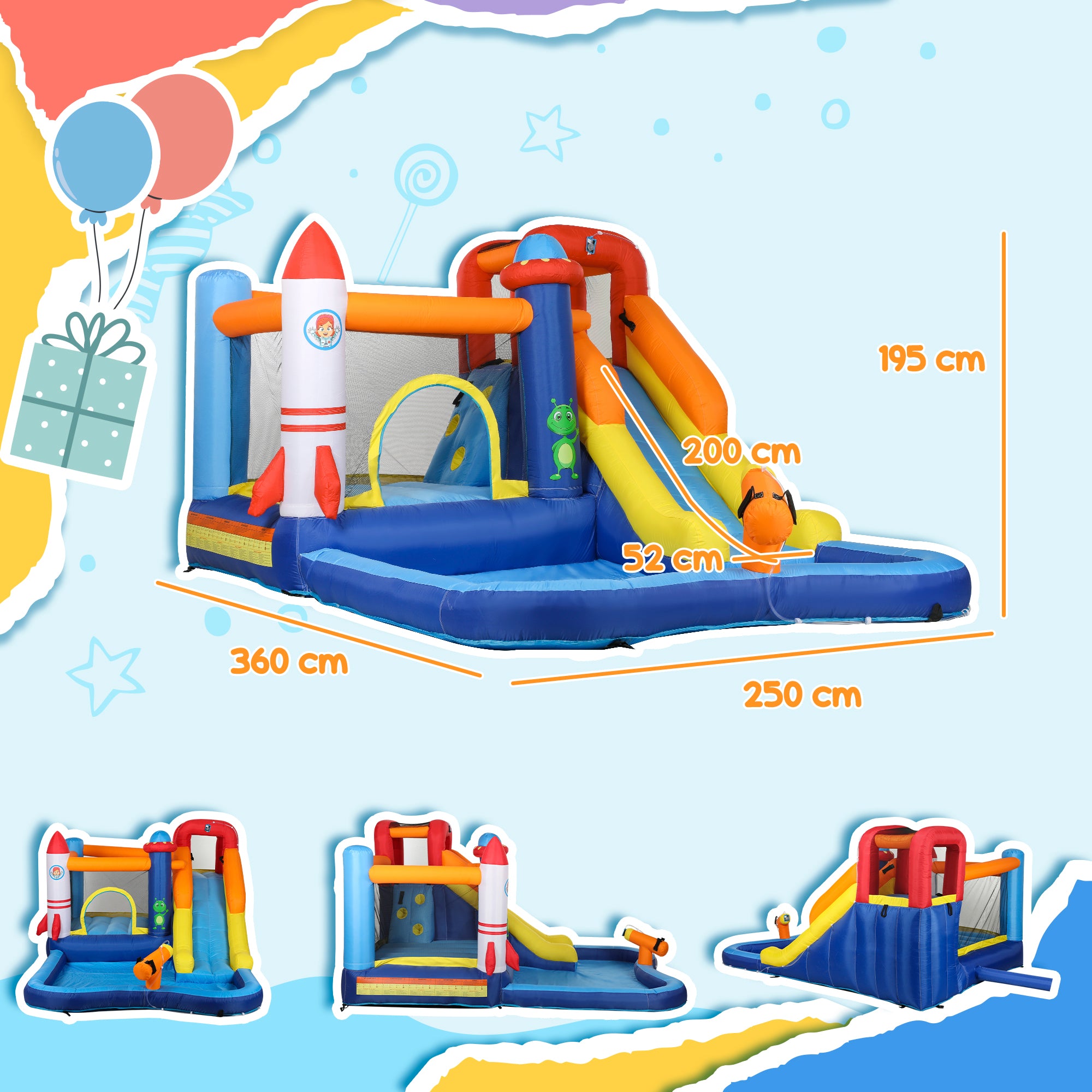 Castelo Insuflável Multicolorido 360x250x195 cm para Diversão Aquática