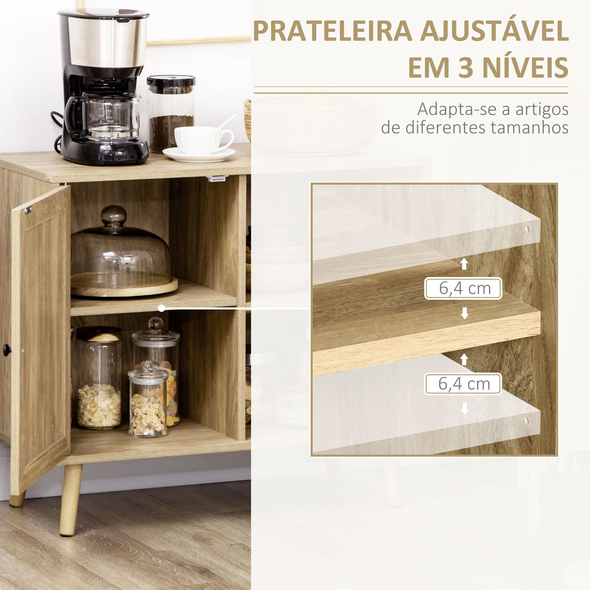 Aparador de Sala de Estar com Porta de Vime e 2 Prateleiras 80x39x70cm Cor de Madeira Natural