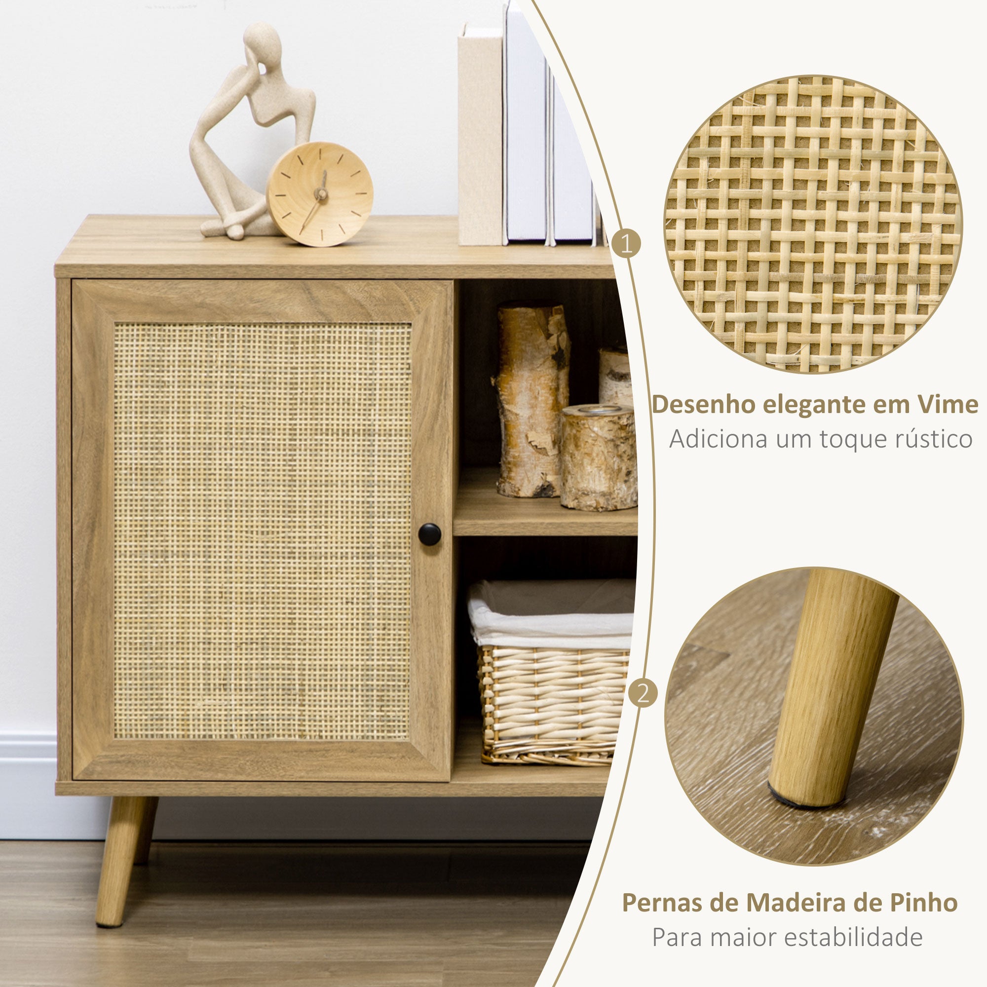 Aparador de Sala de Estar com Porta de Vime e 2 Prateleiras 80x39x70cm Cor de Madeira Natural