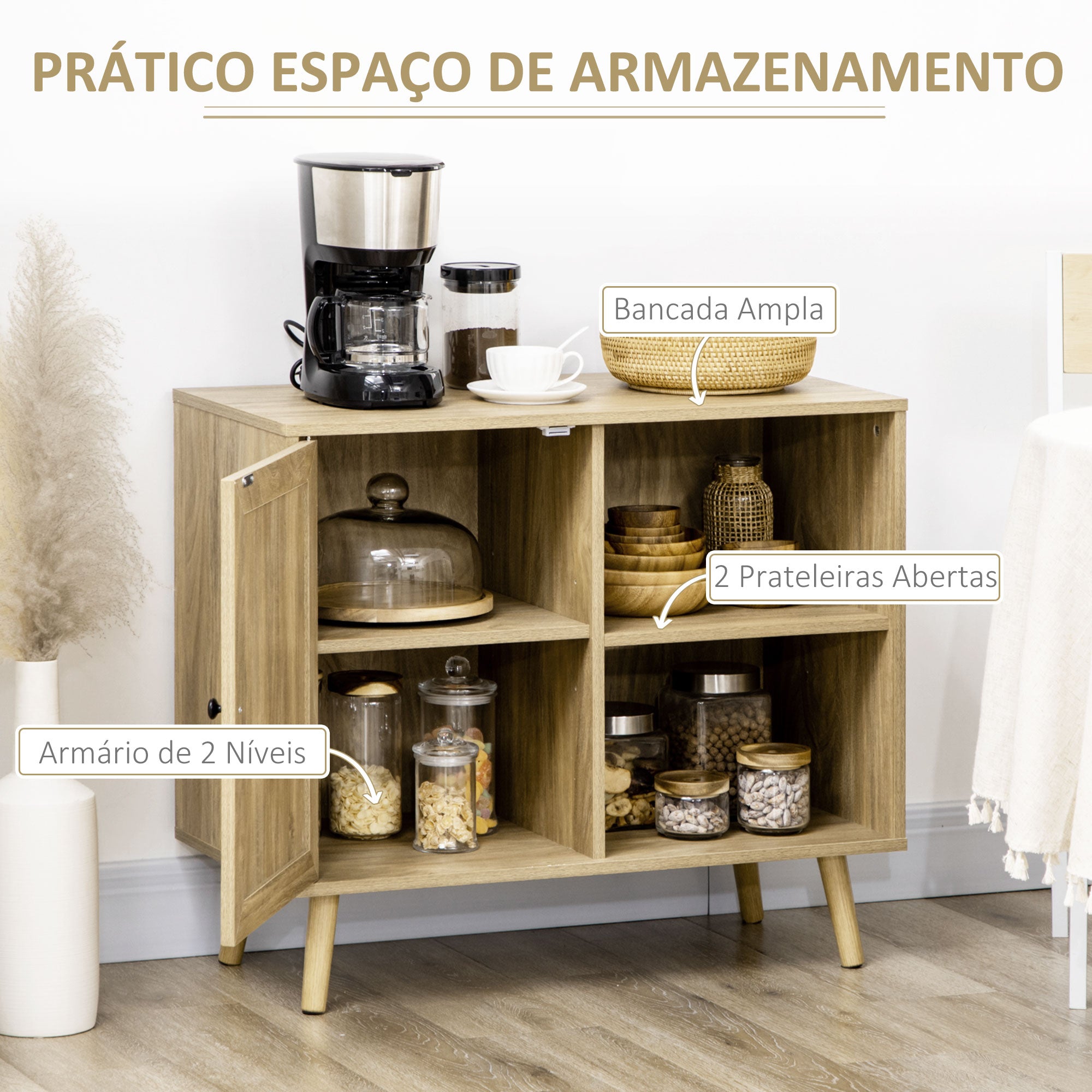 Aparador de Sala de Estar com Porta de Vime e 2 Prateleiras 80x39x70cm Cor de Madeira Natural