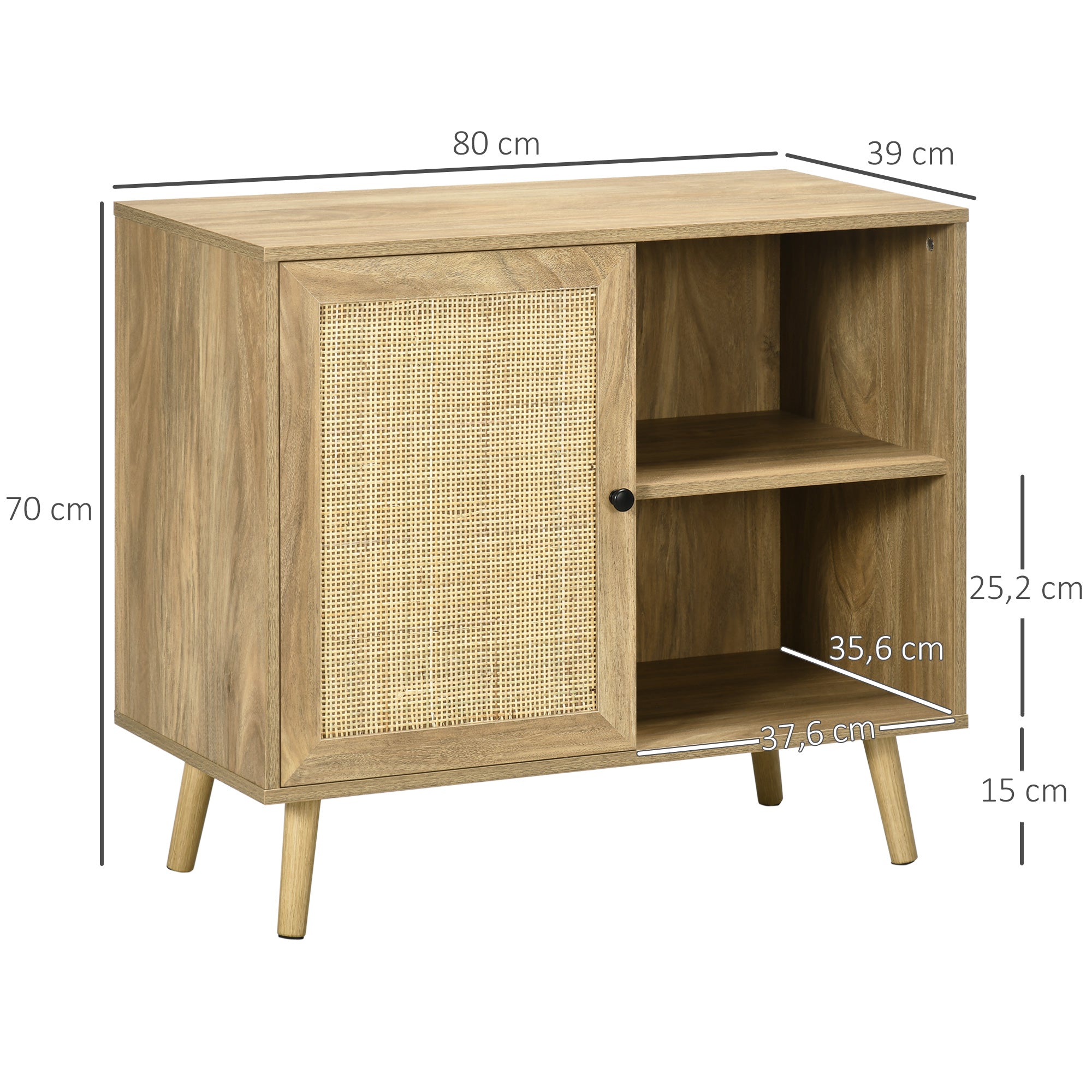 Aparador de Sala de Estar com Porta de Vime e 2 Prateleiras 80x39x70cm Cor de Madeira Natural