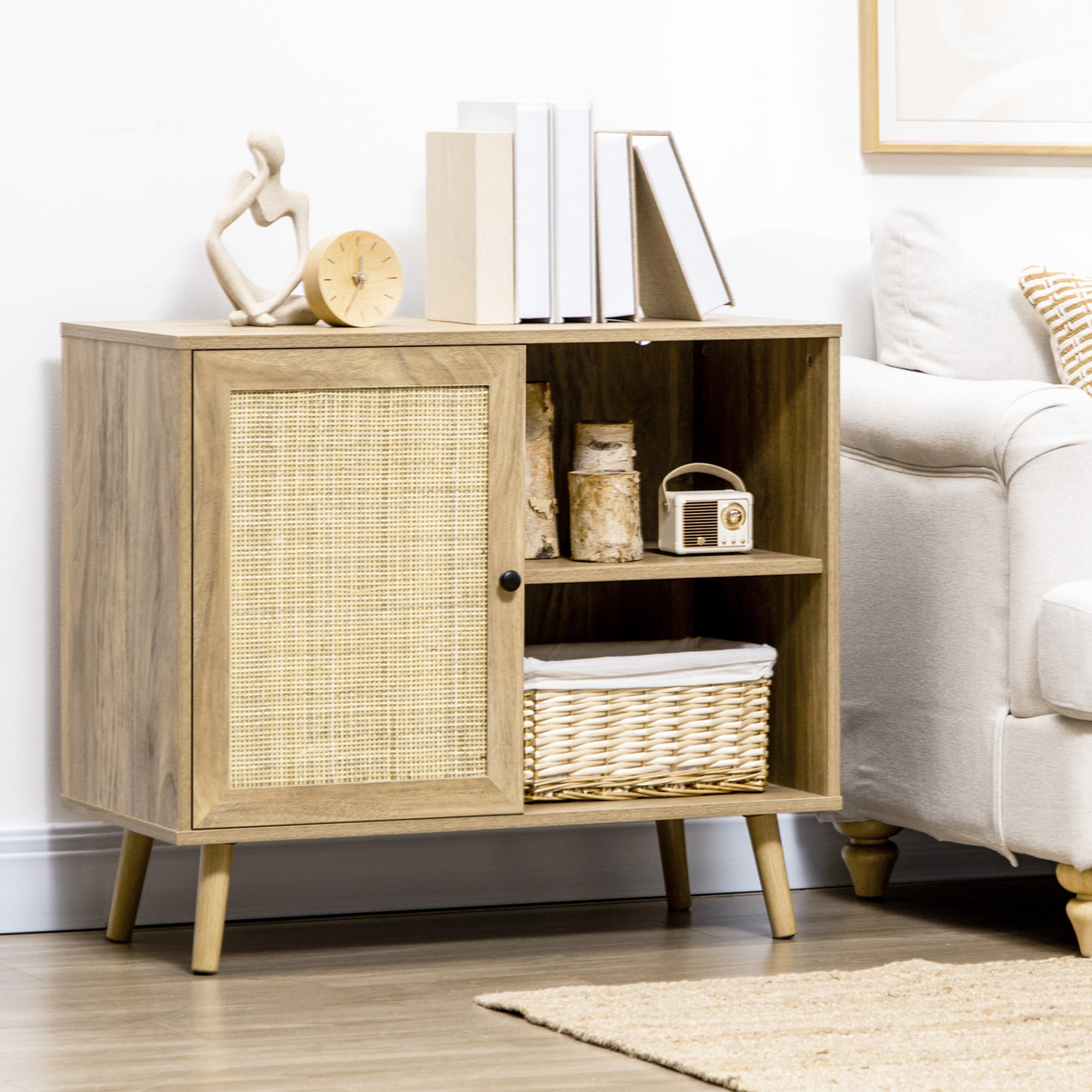 Aparador de Sala de Estar com Porta de Vime e 2 Prateleiras 80x39x70cm Cor de Madeira Natural