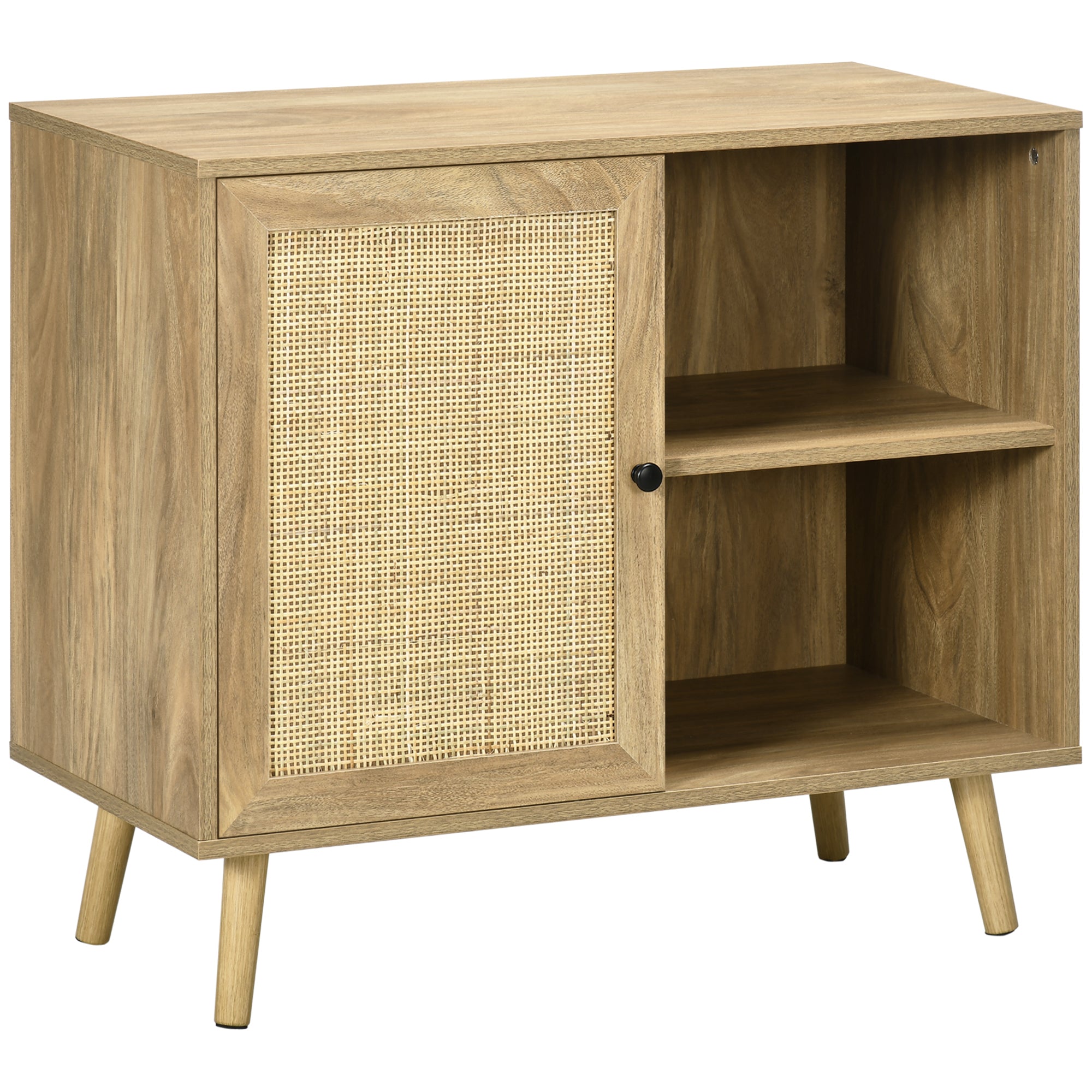 Aparador de Sala de Estar com Porta de Vime e 2 Prateleiras 80x39x70cm Cor de Madeira Natural
