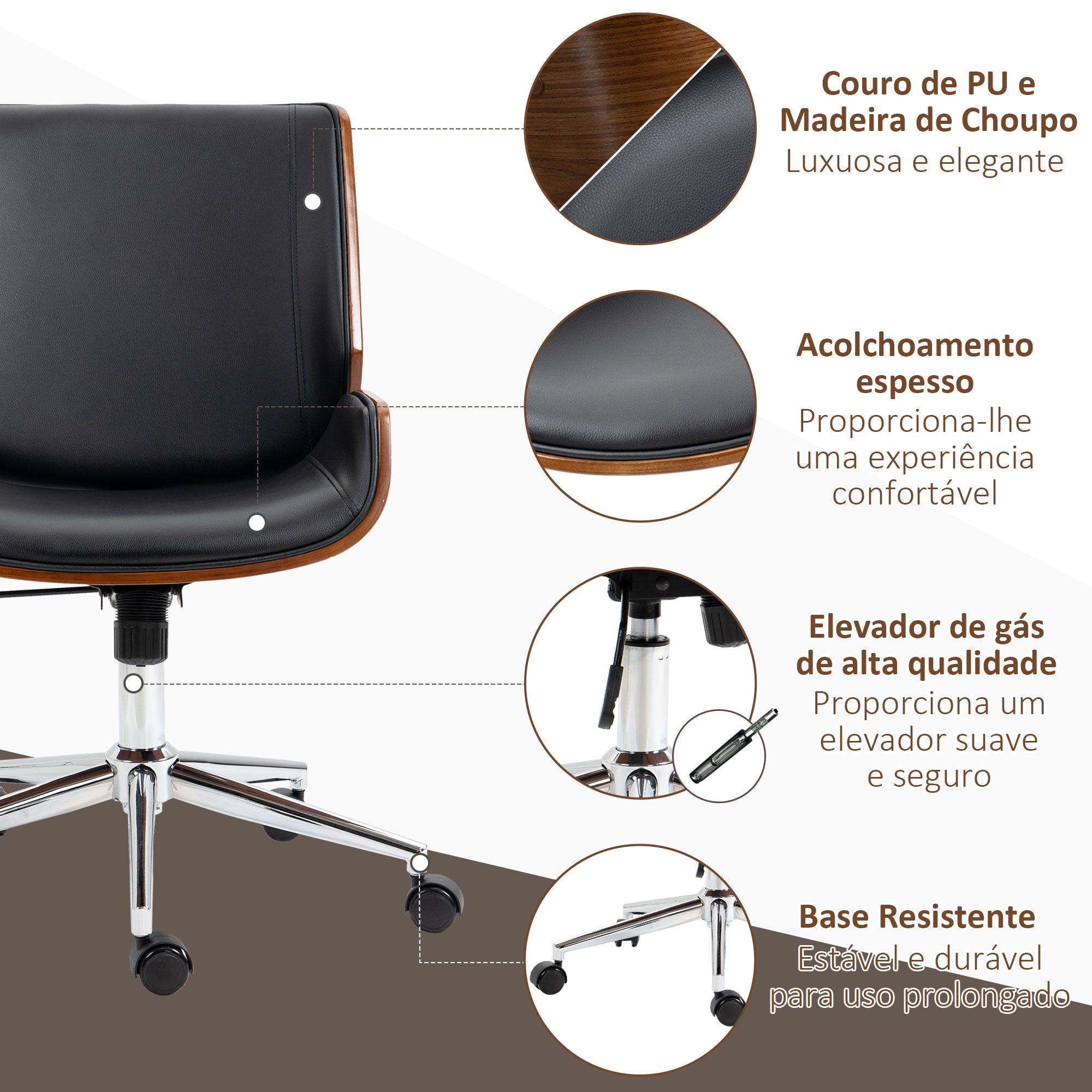 Cadeira de Escritório Ergonómica Giratória PU Preto 51x65,5x82-92cm