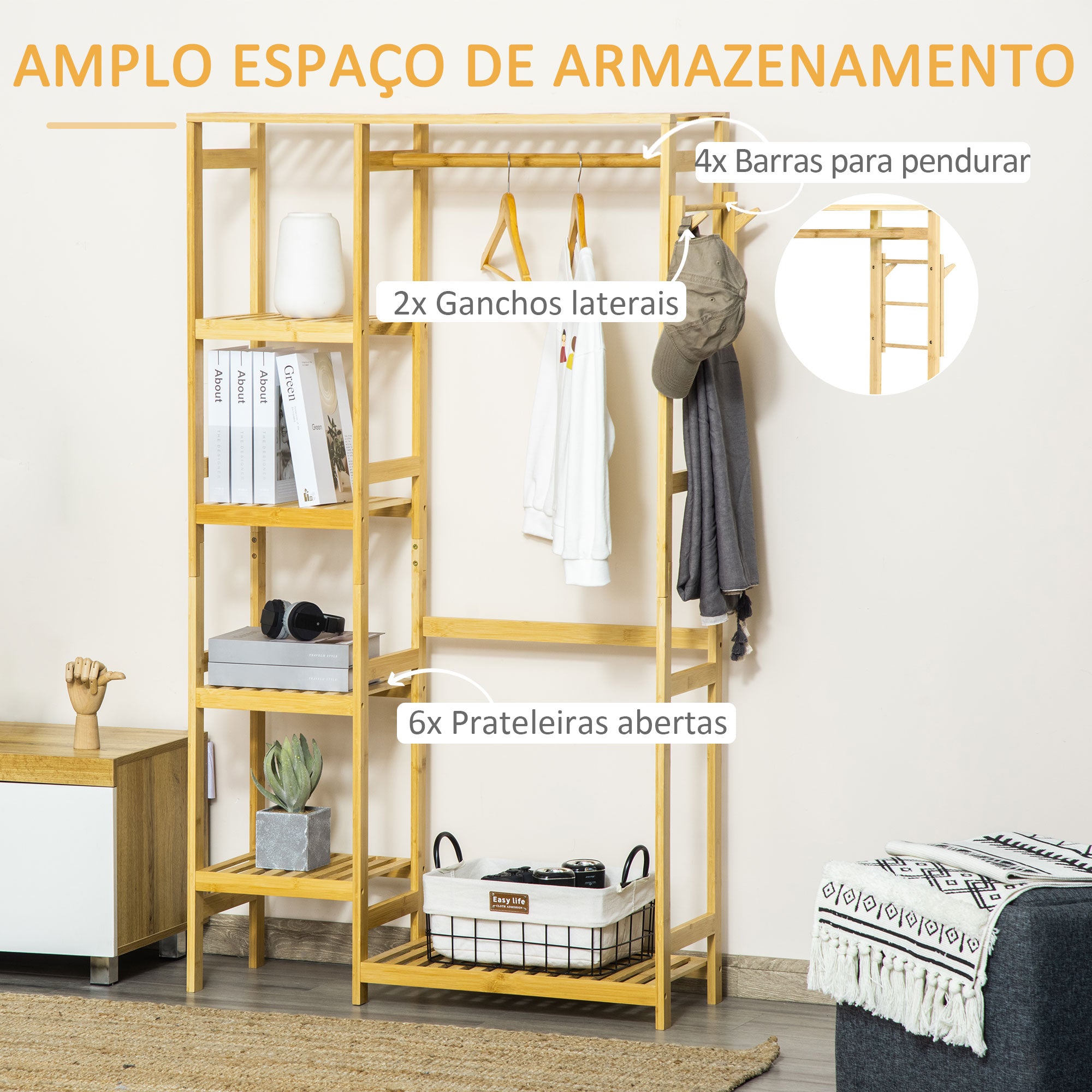 Suporte Cabides de Bambu 90x30x155 cm - Cor Madeira Natural