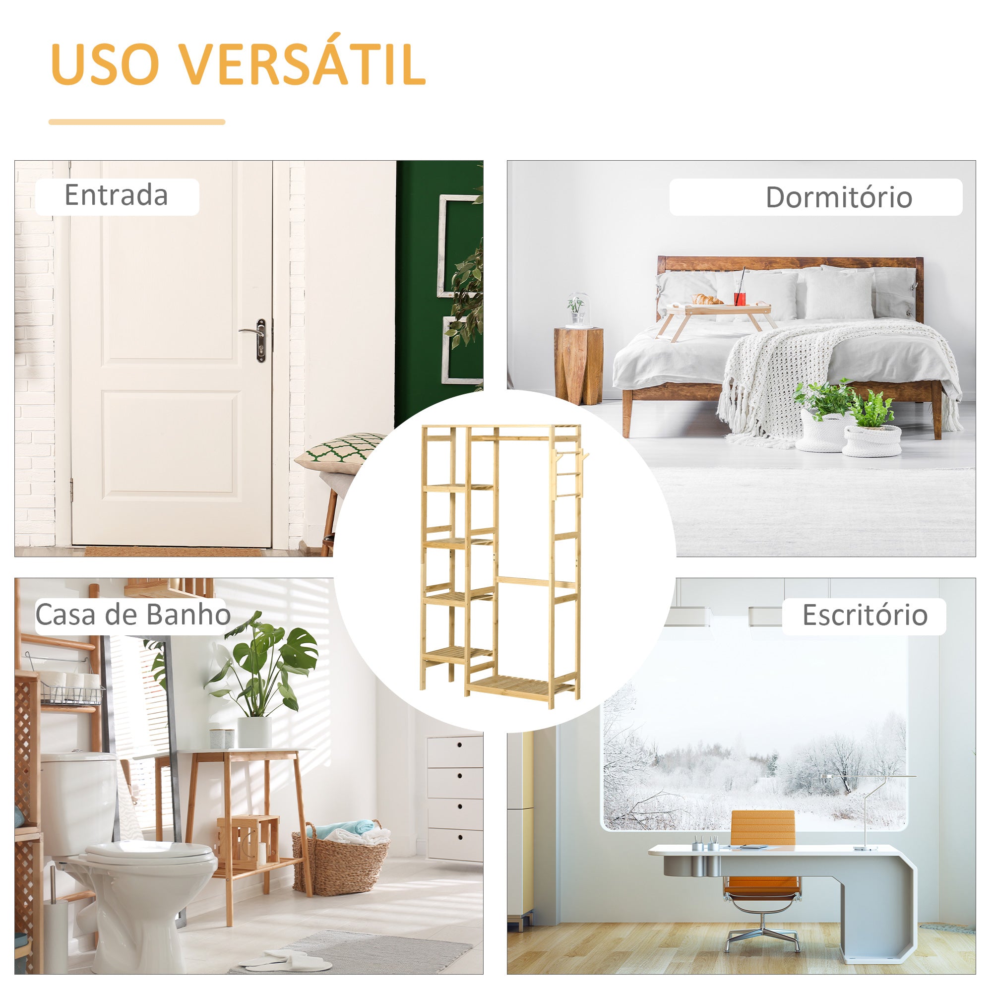 Suporte Cabides de Bambu 90x30x155 cm - Cor Madeira Natural