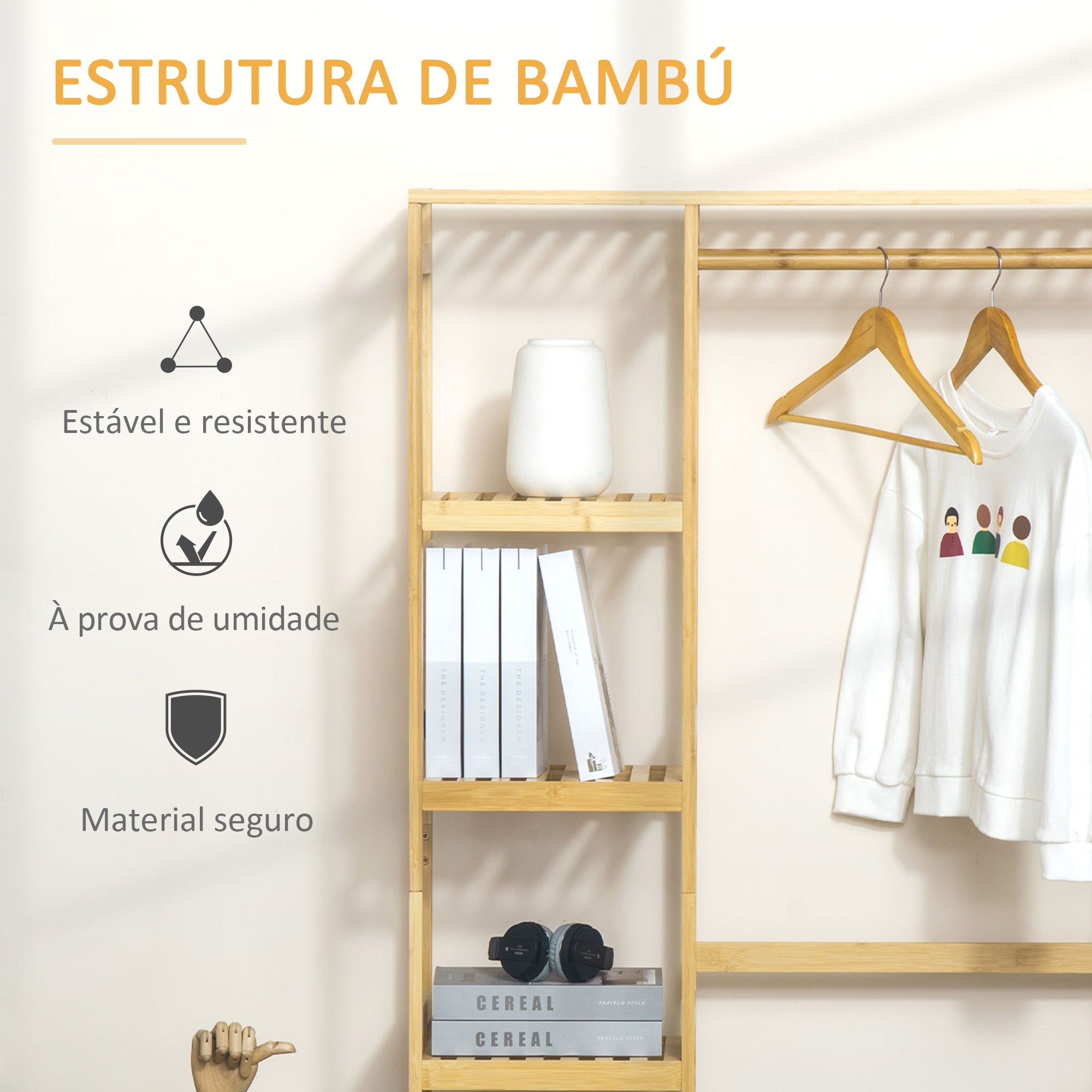 Suporte Cabides de Bambu 90x30x155 cm - Cor Madeira Natural