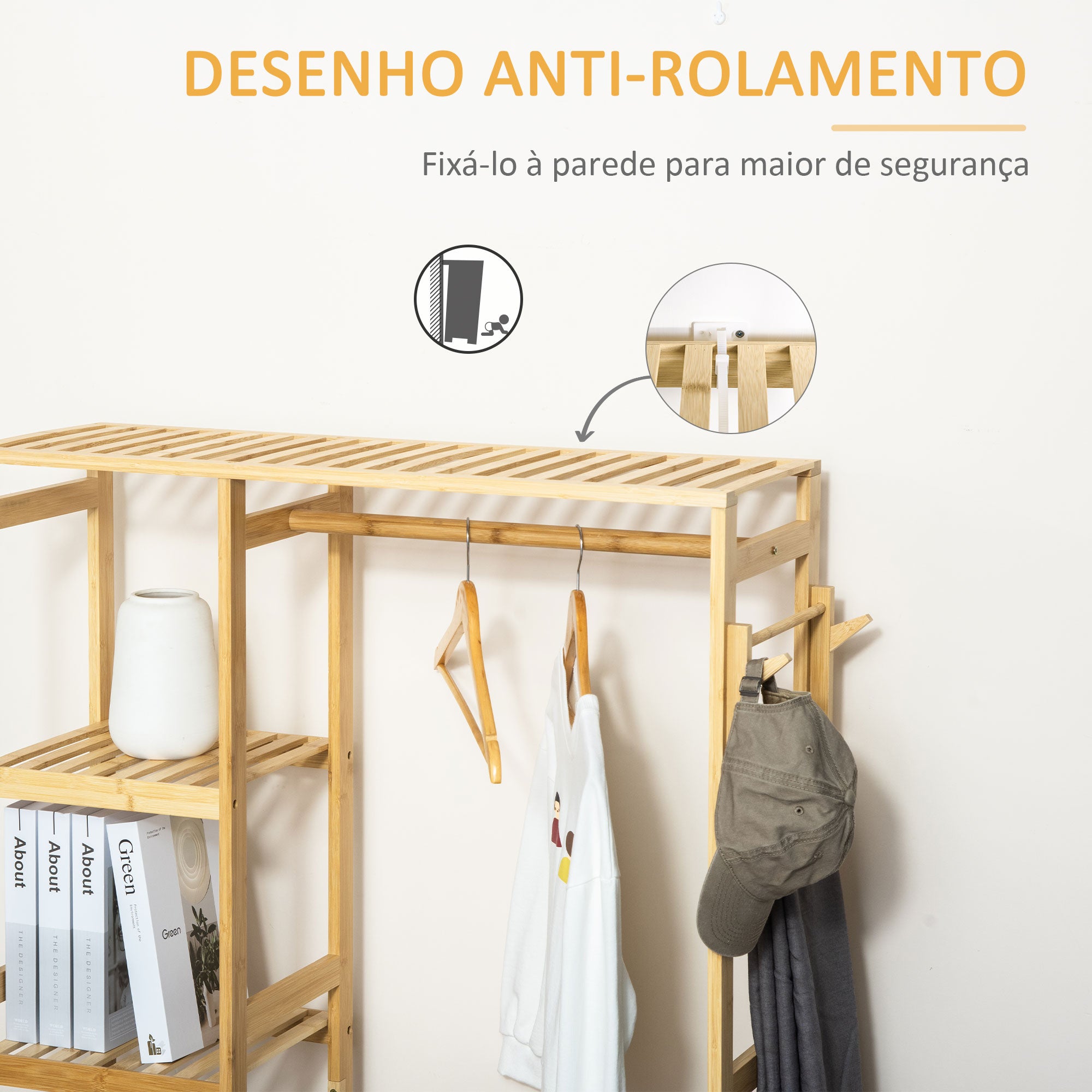 Suporte Cabides de Bambu 90x30x155 cm - Cor Madeira Natural
