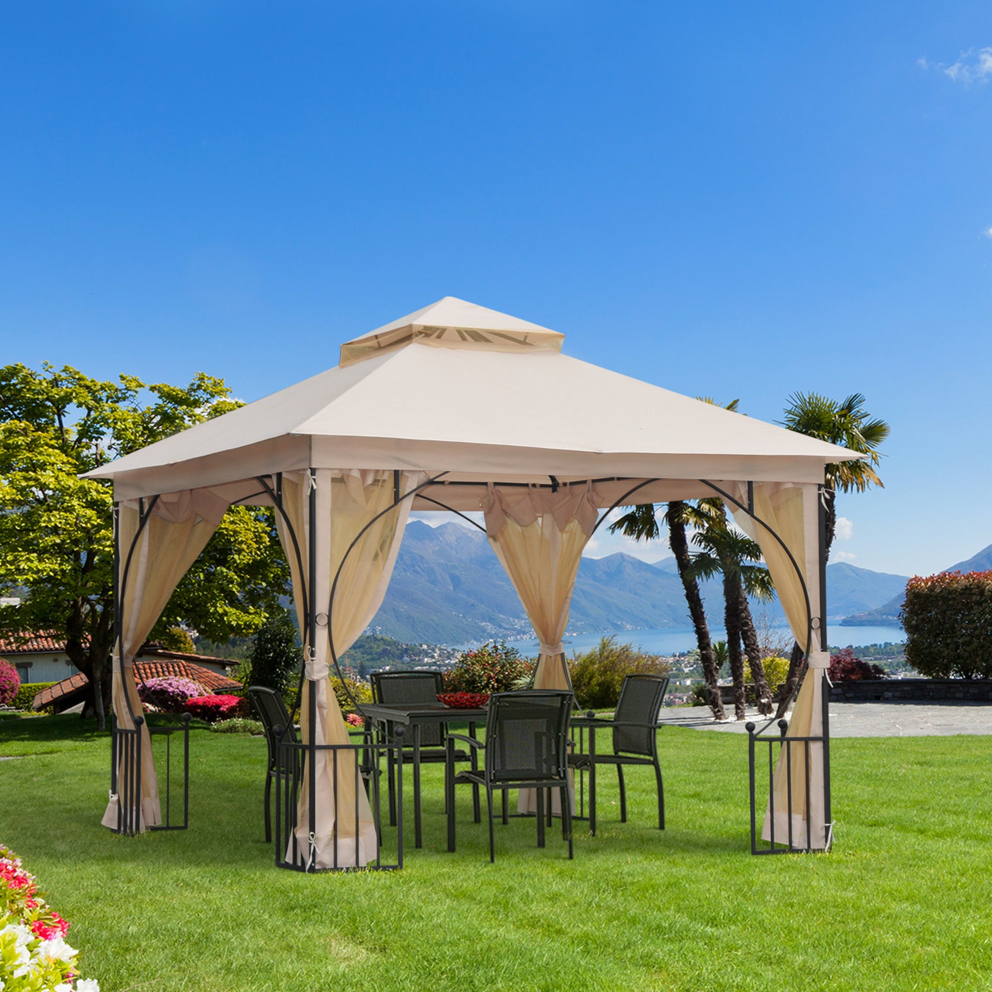Gazebo de Jardim Bege 295x295x275 cm com Cortinas Laterais e Telhado Duplo