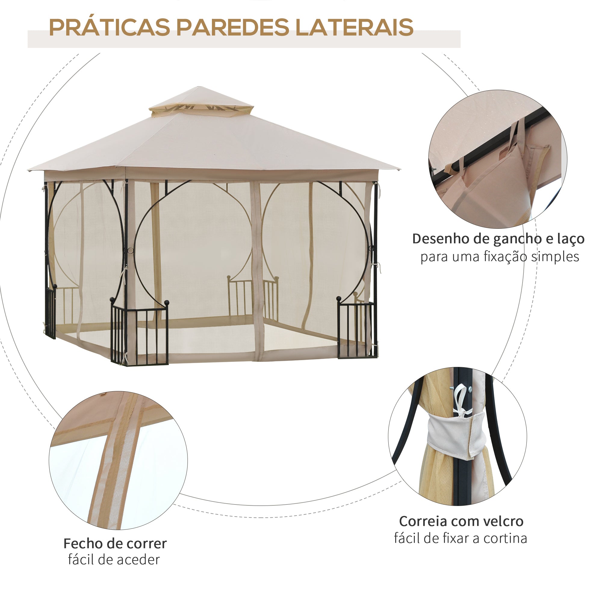 Gazebo de Jardim Bege 295x295x275 cm com Cortinas Laterais e Telhado Duplo