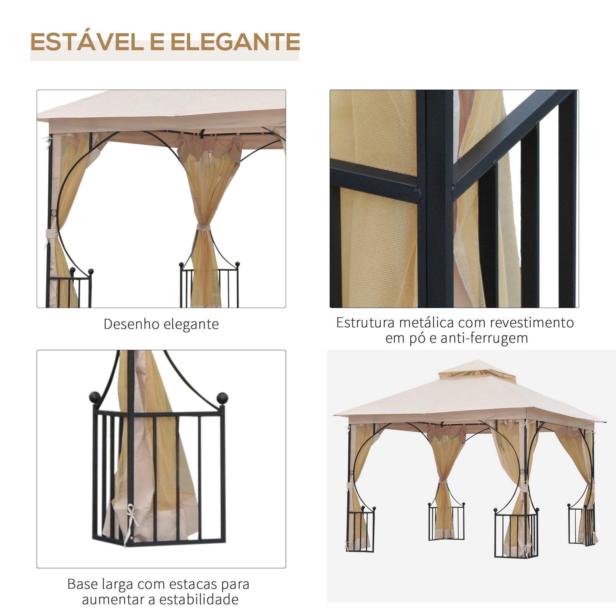 Gazebo de Jardim Bege 295x295x275 cm com Cortinas Laterais e Telhado Duplo