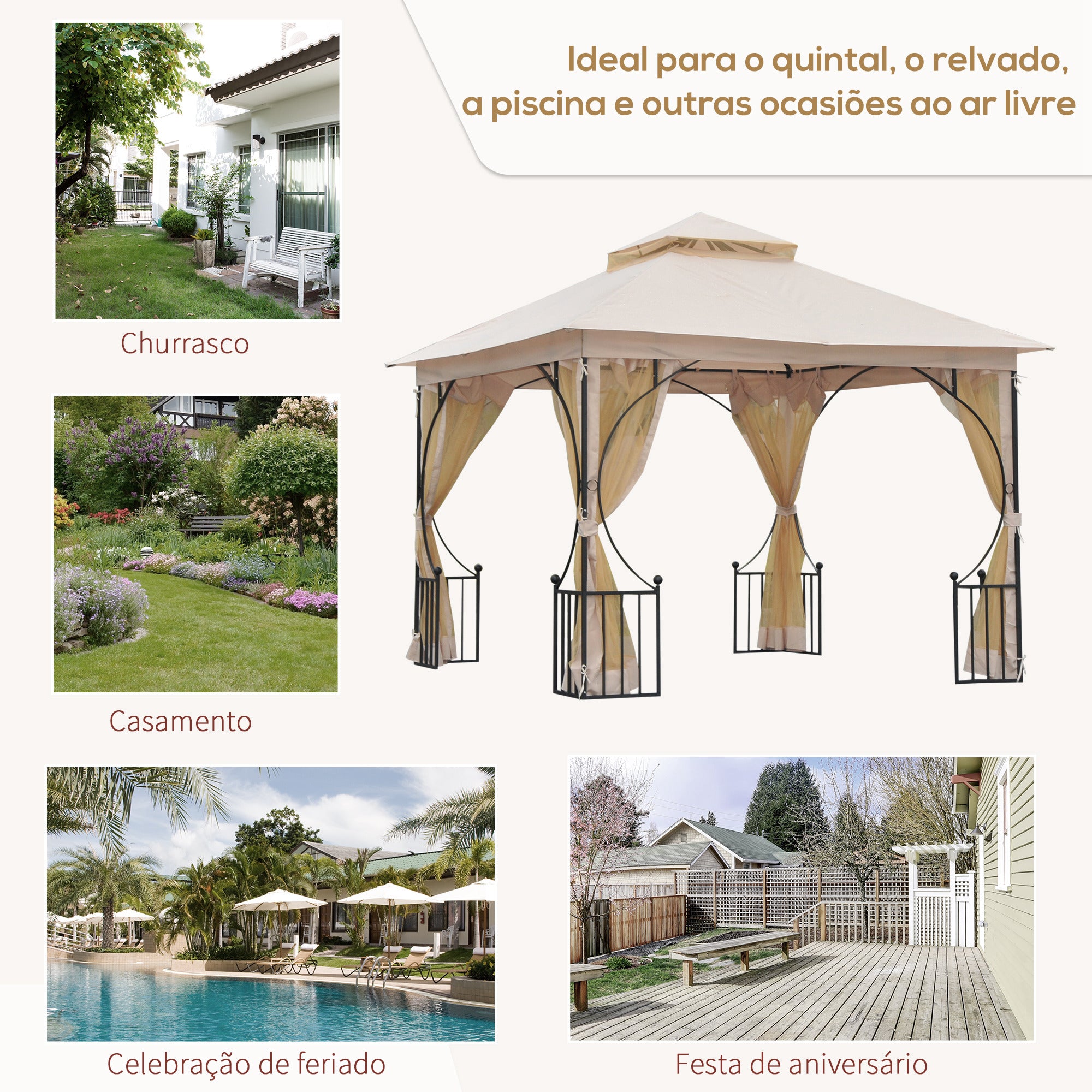 Gazebo de Jardim Bege 295x295x275 cm com Cortinas Laterais e Telhado Duplo