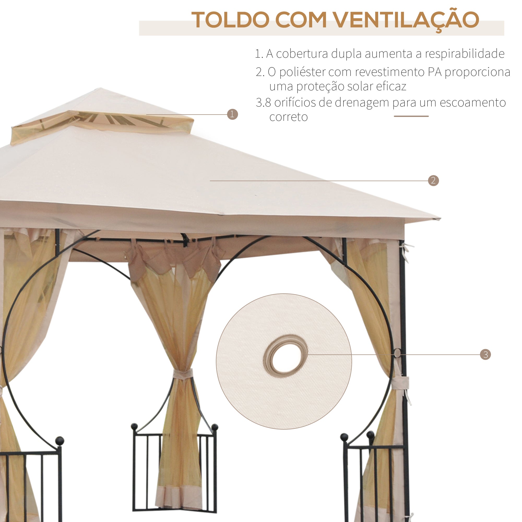 Gazebo de Jardim Bege 295x295x275 cm com Cortinas Laterais e Telhado Duplo