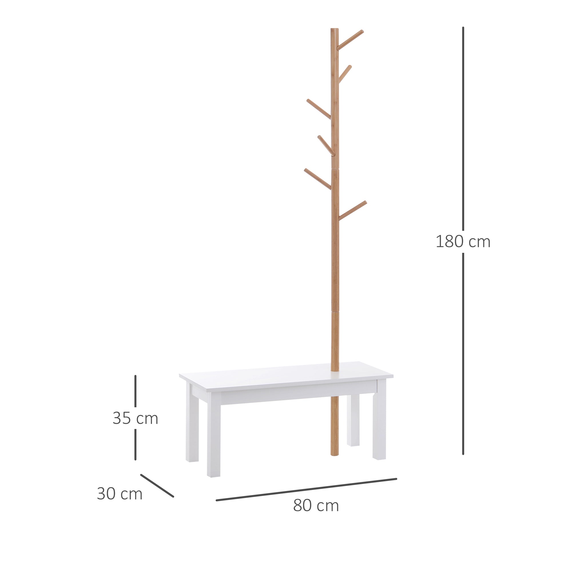 Cabide de Pé com Banco Pendurador Tipo Árvore 80x30x180cm Branco e Madeira
