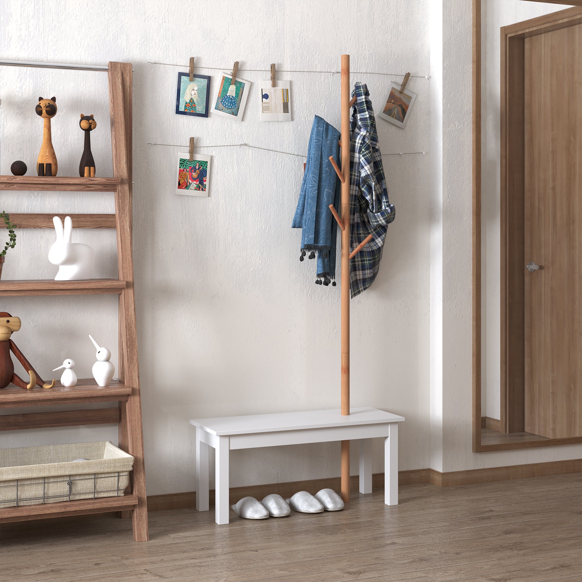 Cabide de Pé com Banco Pendurador Tipo Árvore 80x30x180cm Branco e Madeira