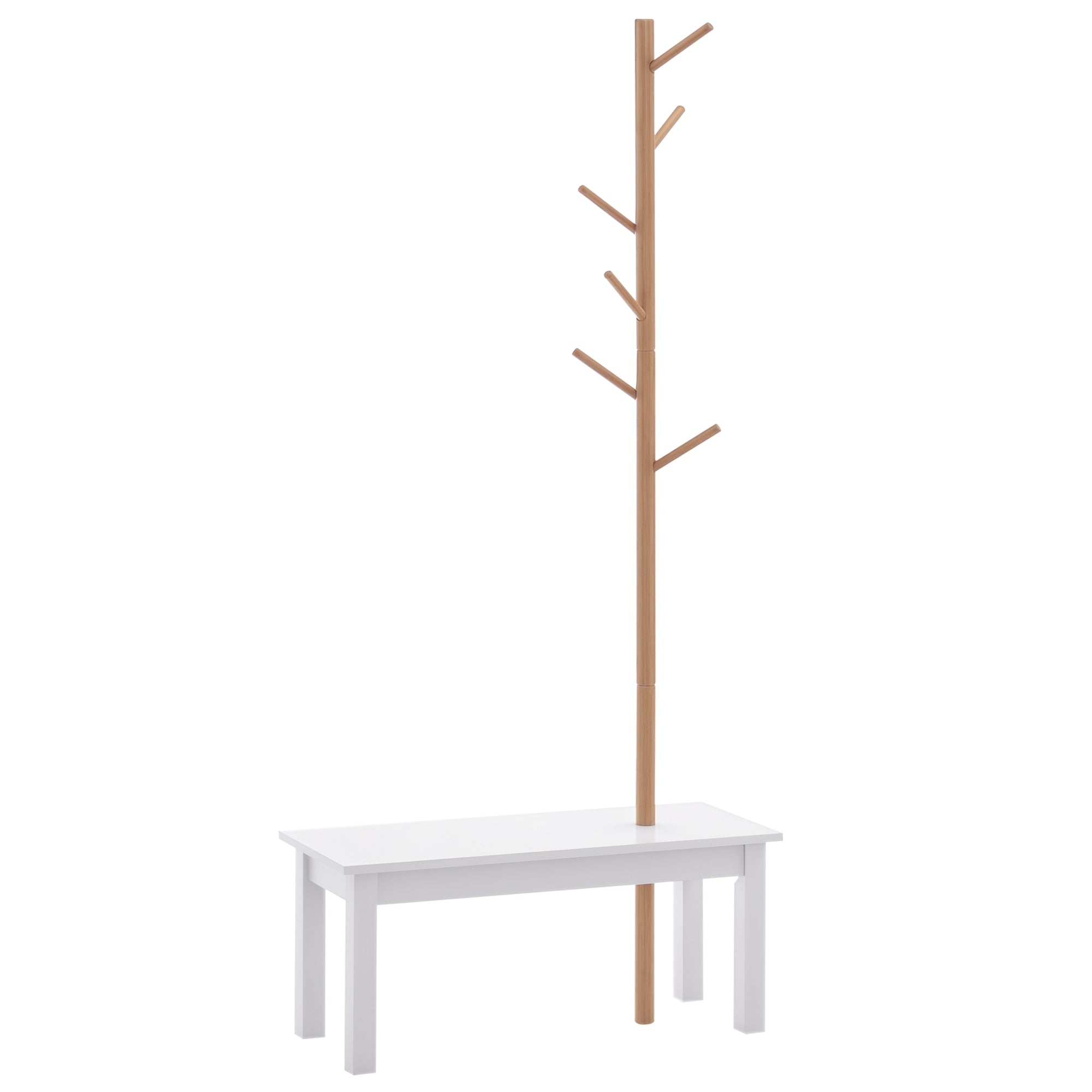 Cabide de Pé com Banco Pendurador Tipo Árvore 80x30x180cm Branco e Madeira
