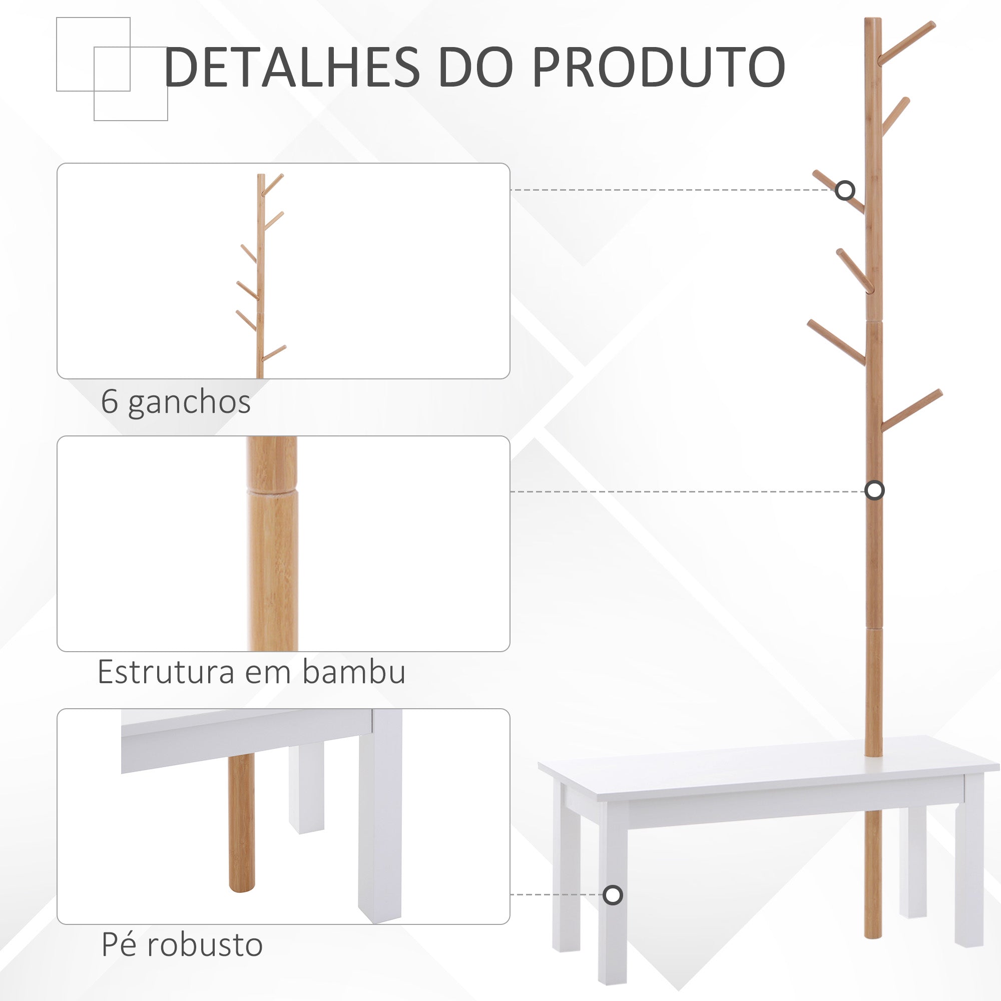 Cabide de Pé com Banco Pendurador Tipo Árvore 80x30x180cm Branco e Madeira