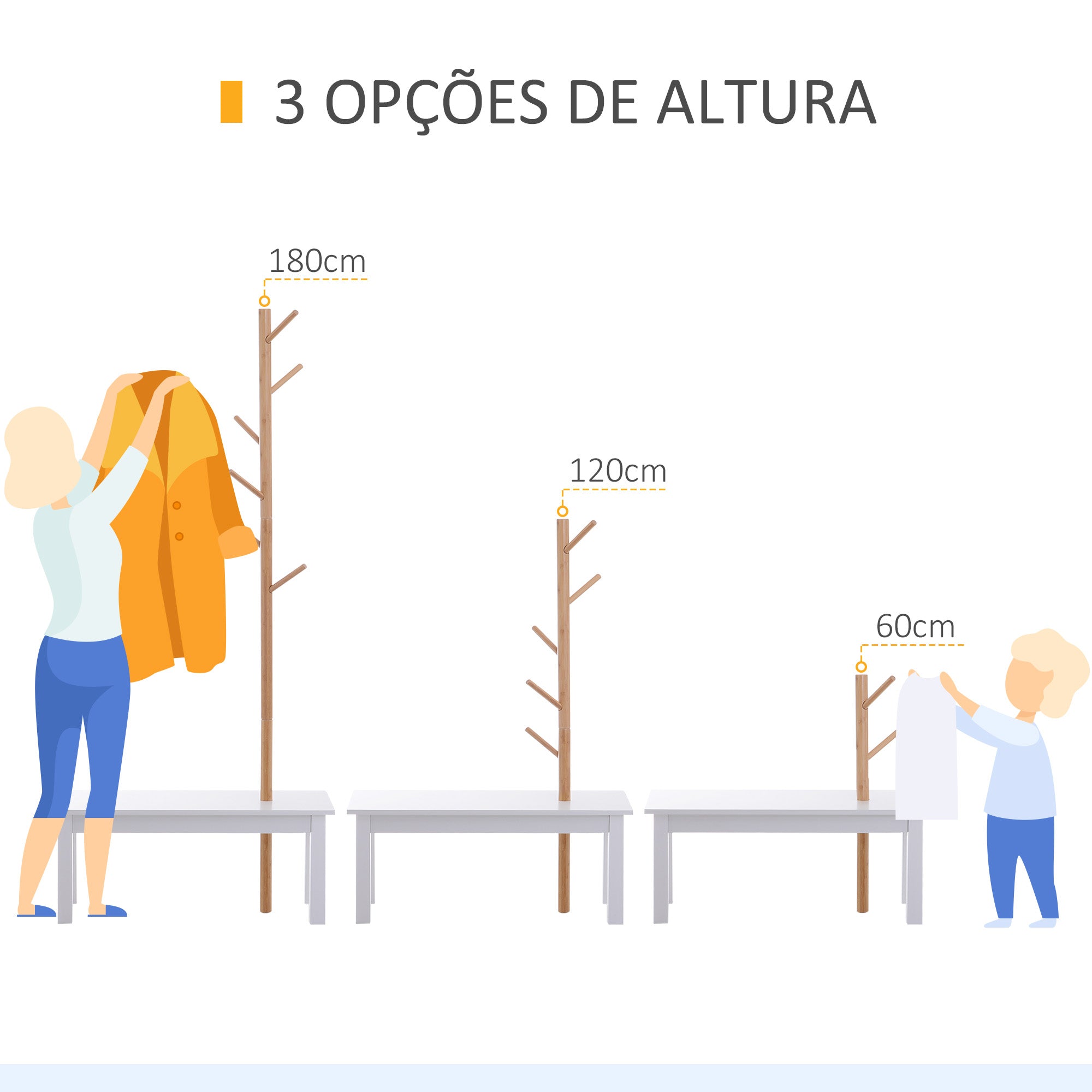 Cabide de Pé com Banco Pendurador Tipo Árvore 80x30x180cm Branco e Madeira