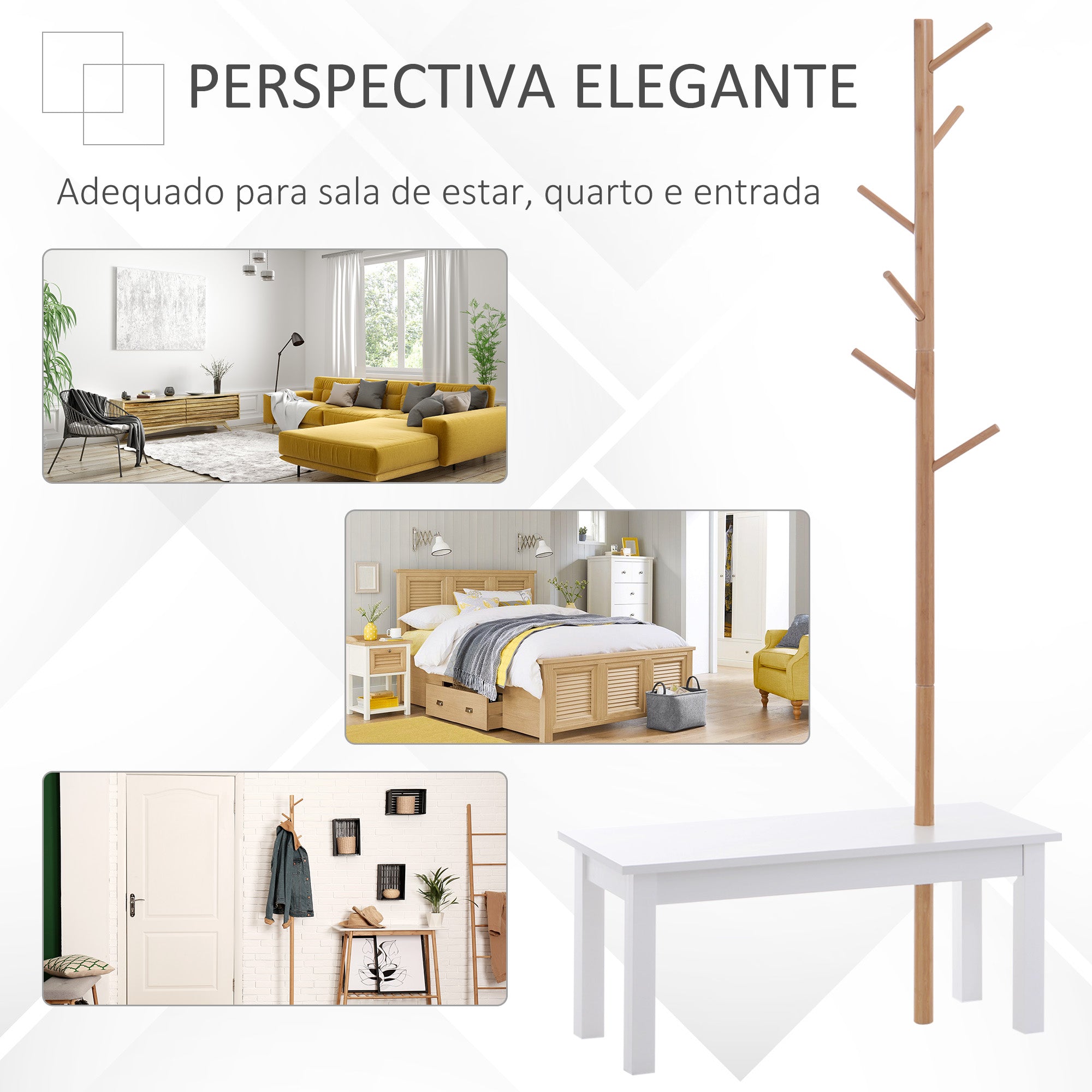 Cabide de Pé com Banco Pendurador Tipo Árvore 80x30x180cm Branco e Madeira
