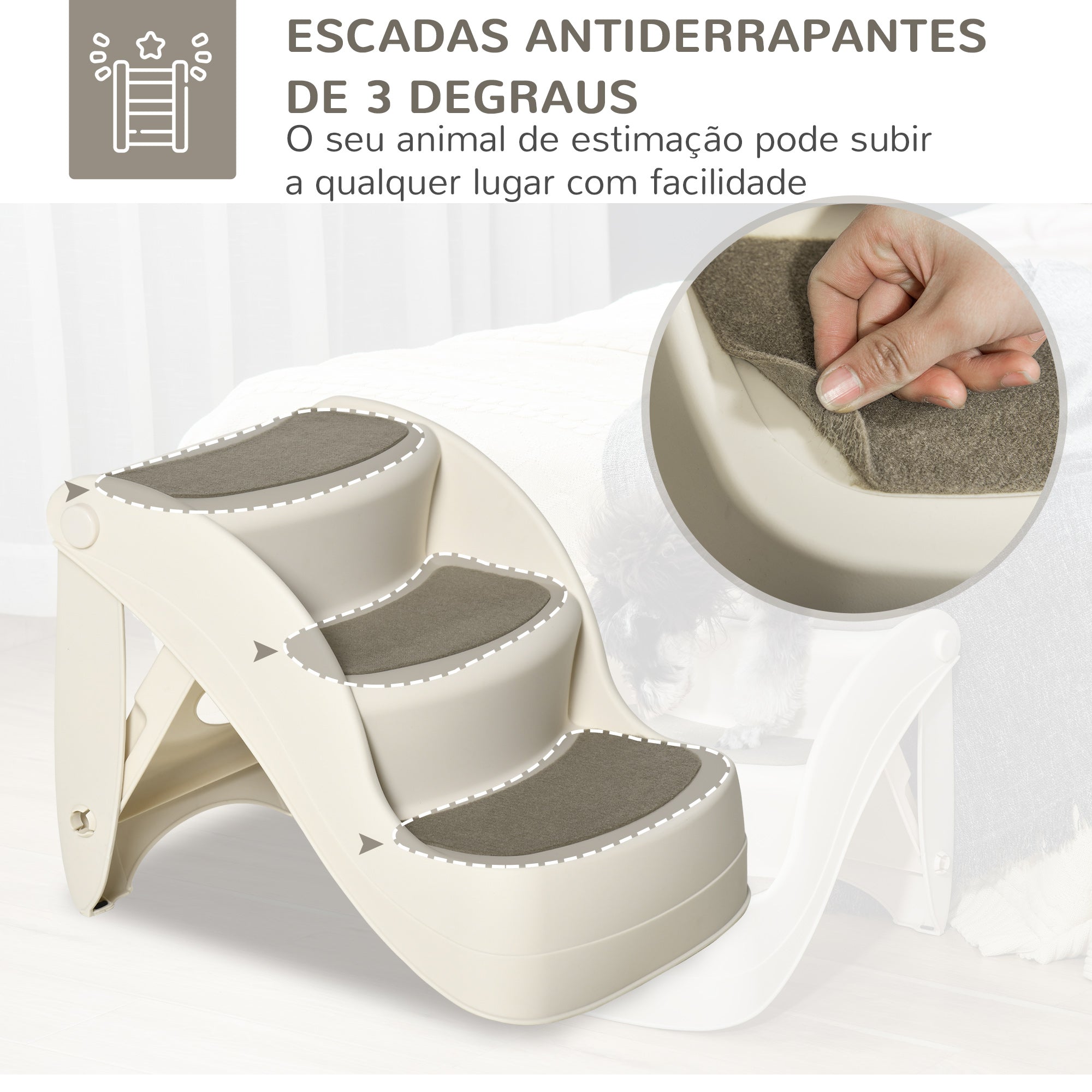 Escada para Cães de 3 Degraus Bege 49x38x38cm