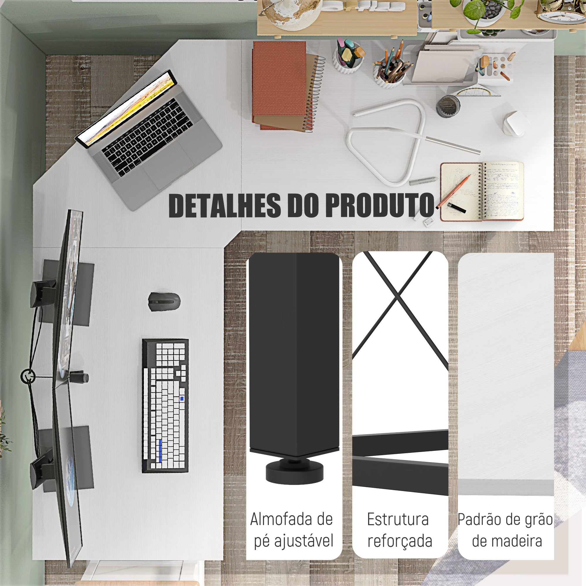 Secretária em Forma de L 150x150x76 cm Branco Amadeirado e Preto