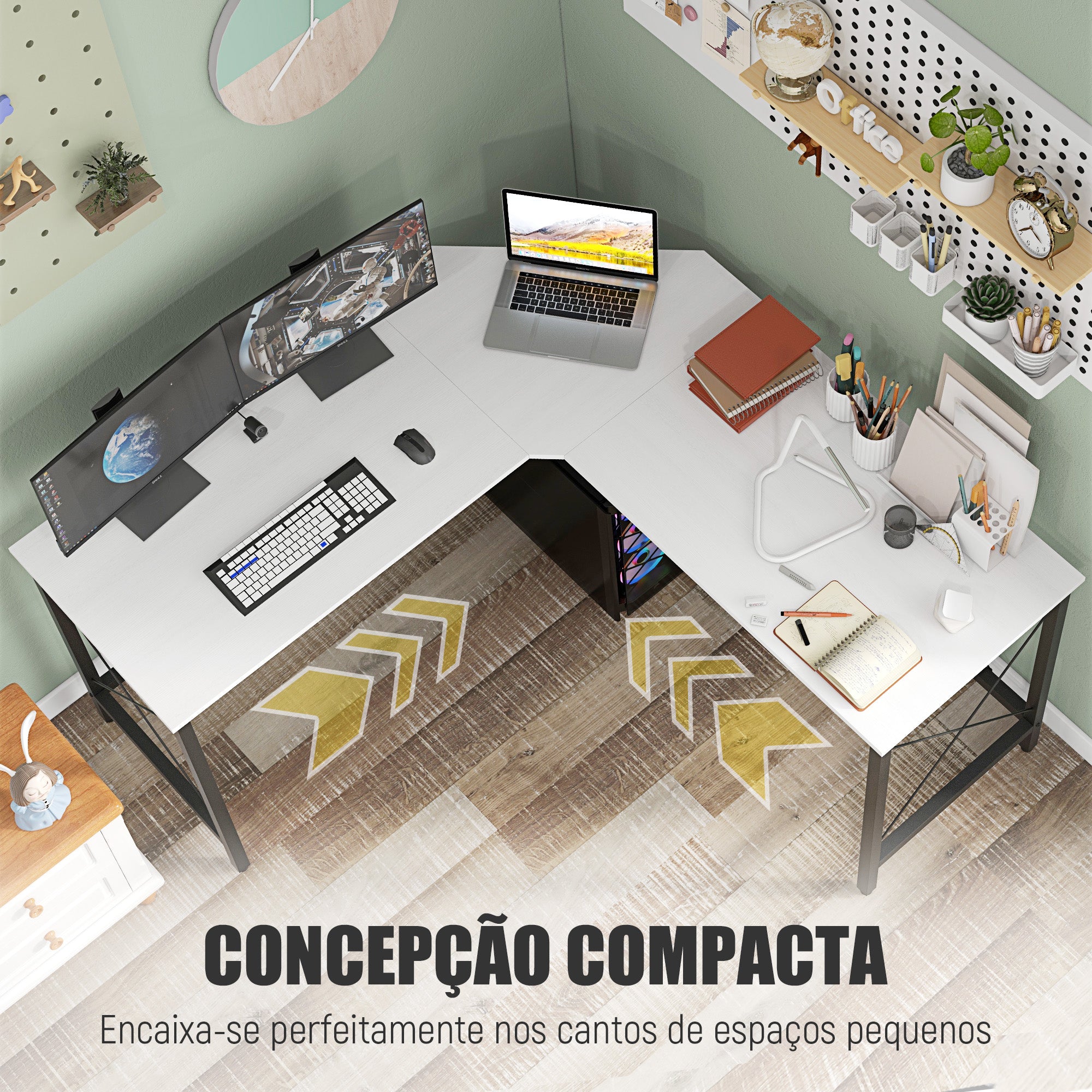 Secretária em Forma de L 150x150x76 cm Branco Amadeirado e Preto