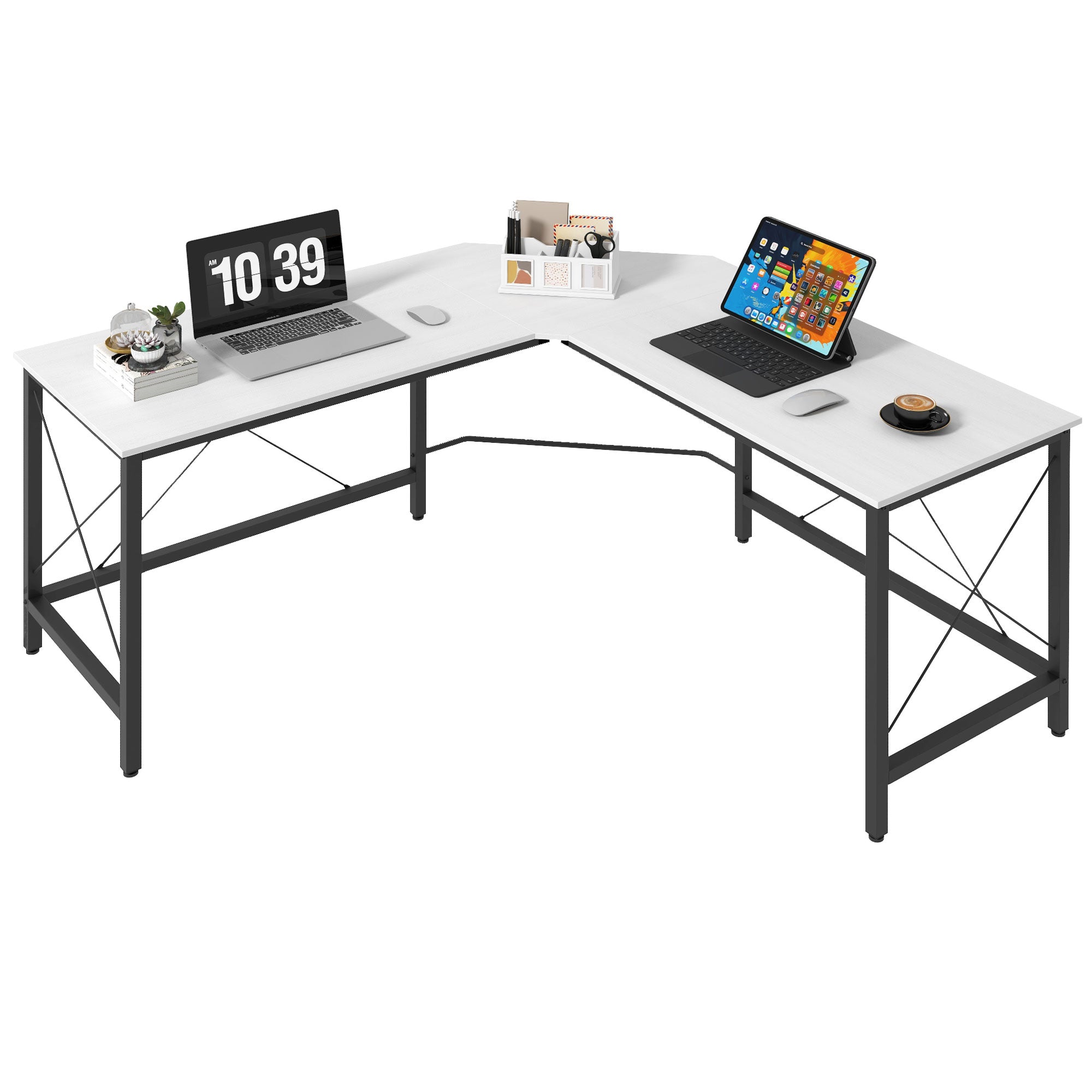Secretária em Forma de L 150x150x76 cm Branco Amadeirado e Preto