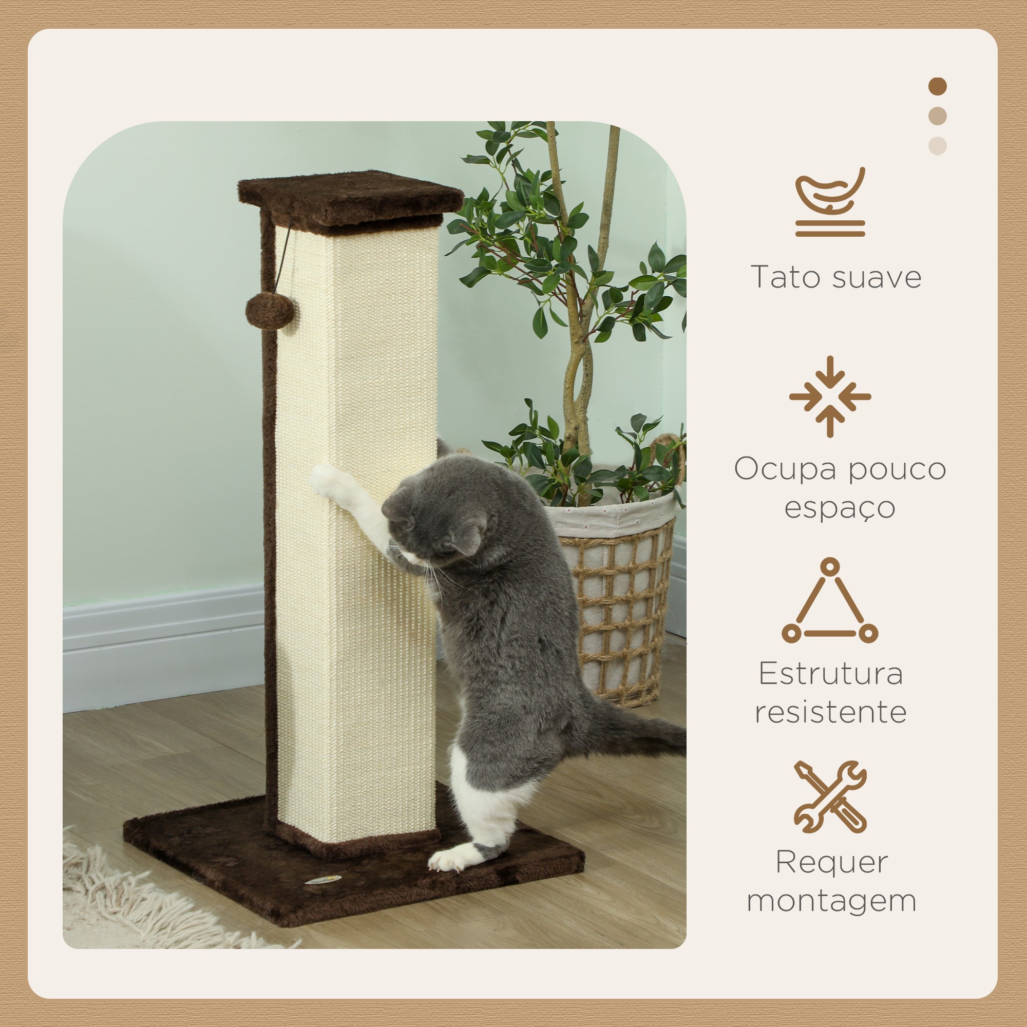 Arranhador para Gatos com Poste de Sisal - Marrom - 41x41x81 cm