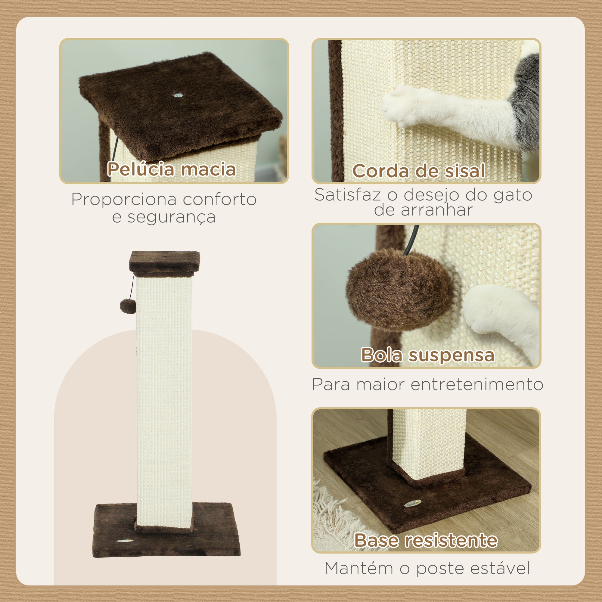 Arranhador para Gatos com Poste de Sisal - Marrom - 41x41x81 cm
