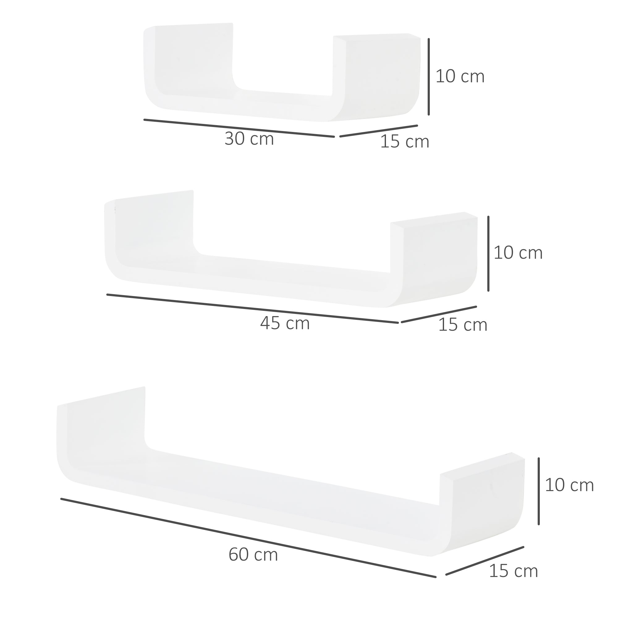 Conjunto de 3 Prateleiras Flutuantes Brancas 60x15x10 cm para Organização e Decoração