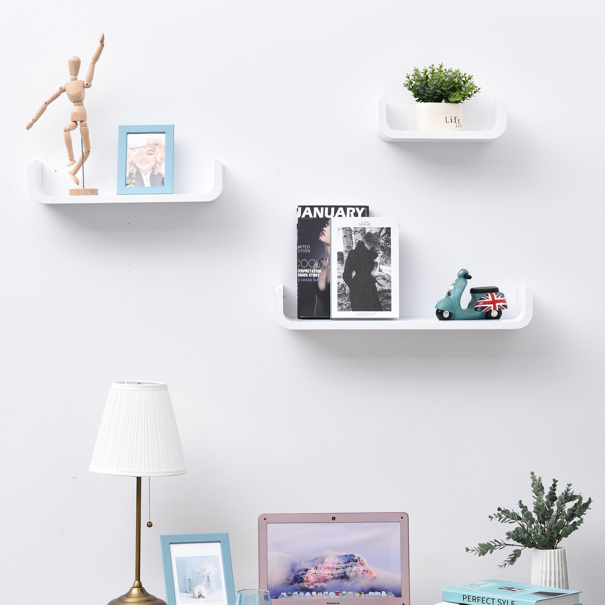 Conjunto de 3 Prateleiras Flutuantes Brancas 60x15x10 cm para Organização e Decoração