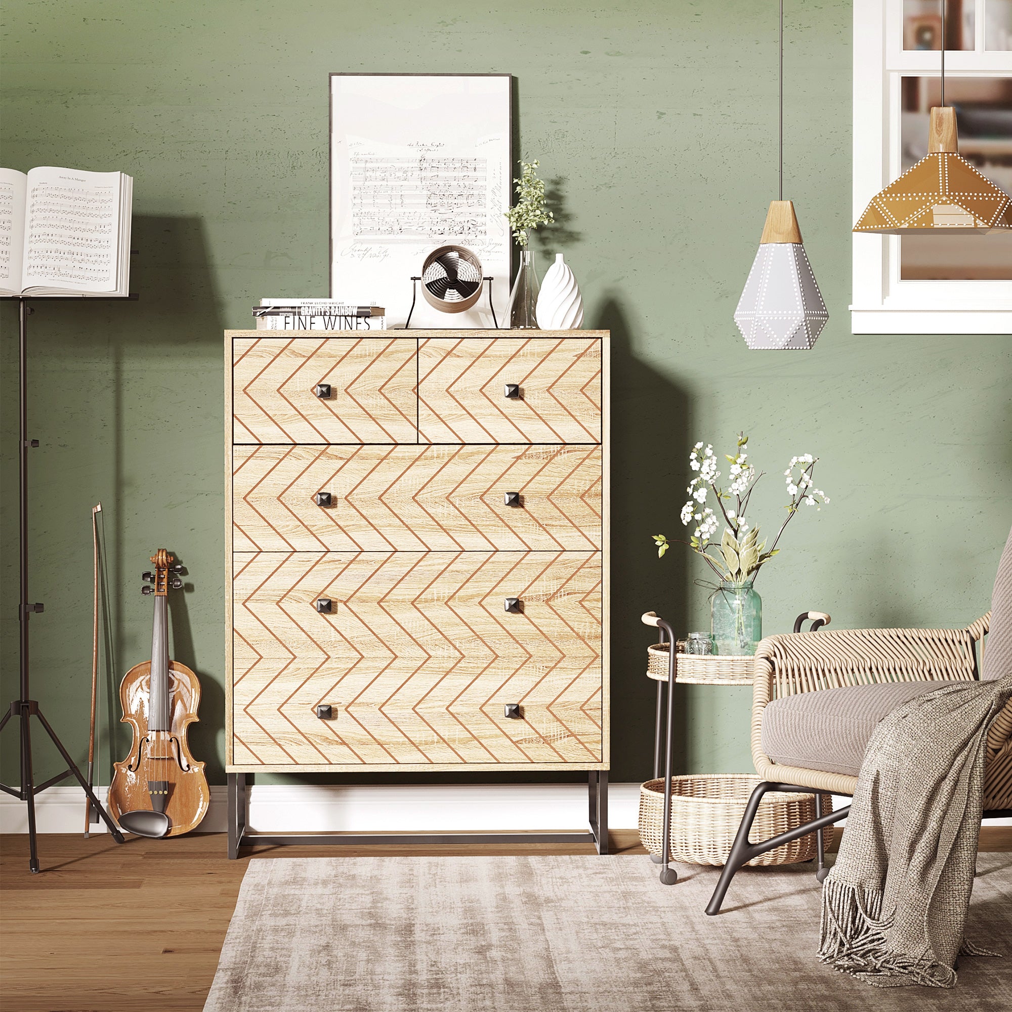 Cómoda com 5 Gavetas Estilo Retrô 80x39,5x110 cm em Madeira Natural e Preto