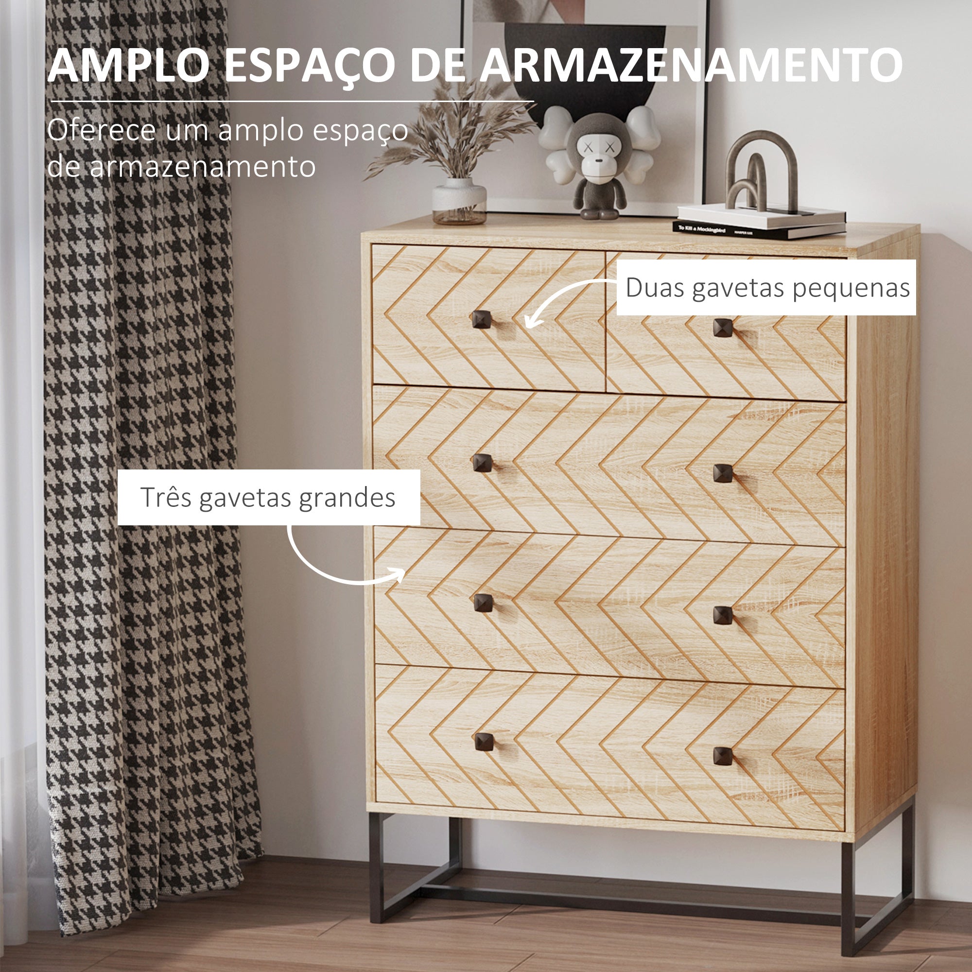 Cómoda com 5 Gavetas Estilo Retrô 80x39,5x110 cm em Madeira Natural e Preto