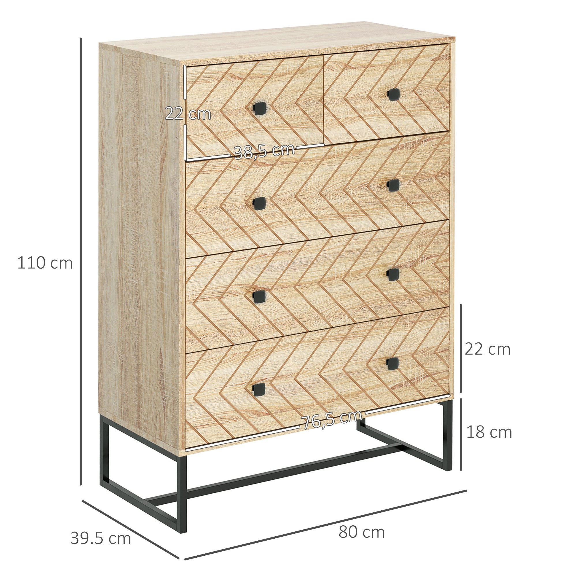 Cómoda com 5 Gavetas Estilo Retrô 80x39,5x110 cm em Madeira Natural e Preto