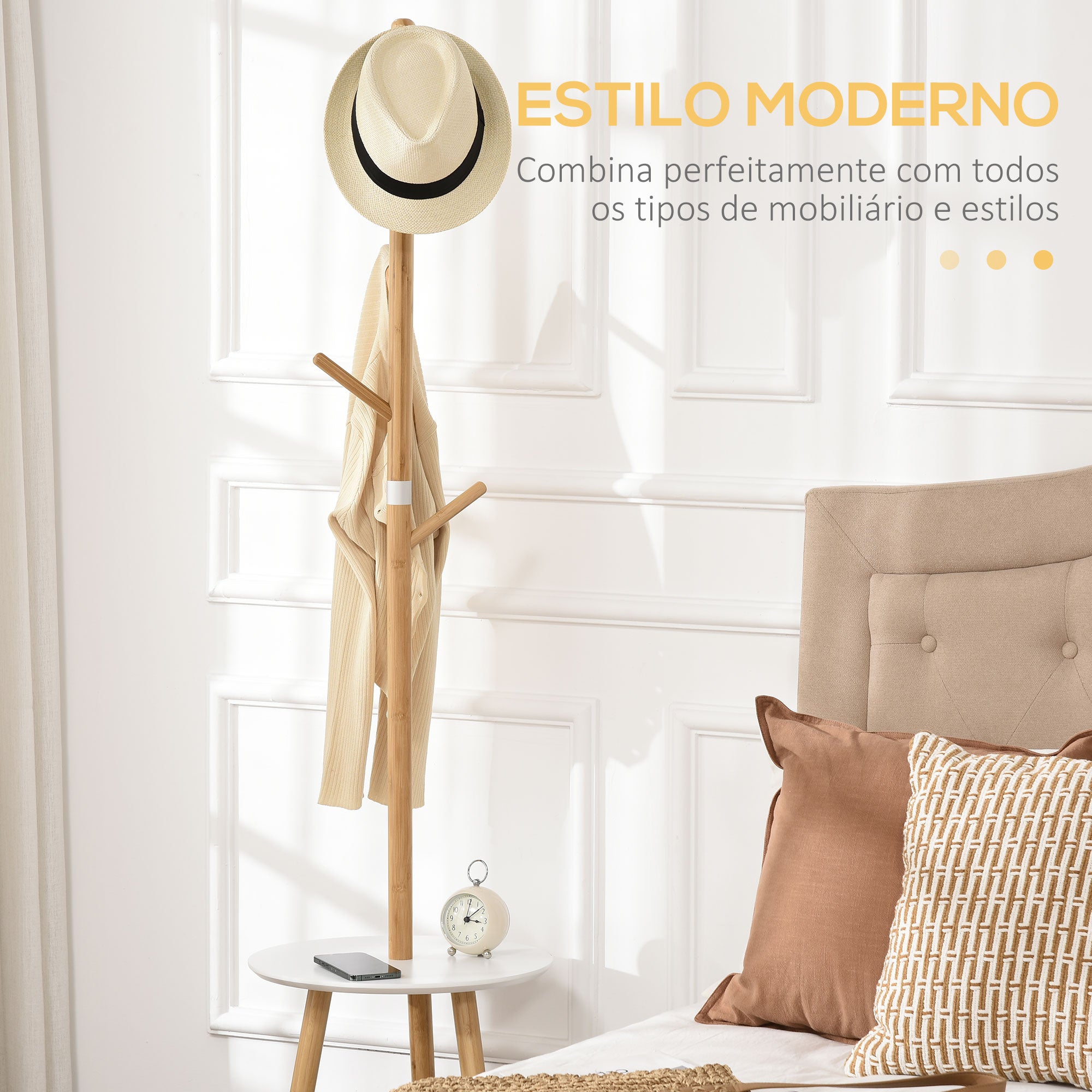 Cabide de Pé Moderno em Bambu e Branco 39x5x39,5x71cm