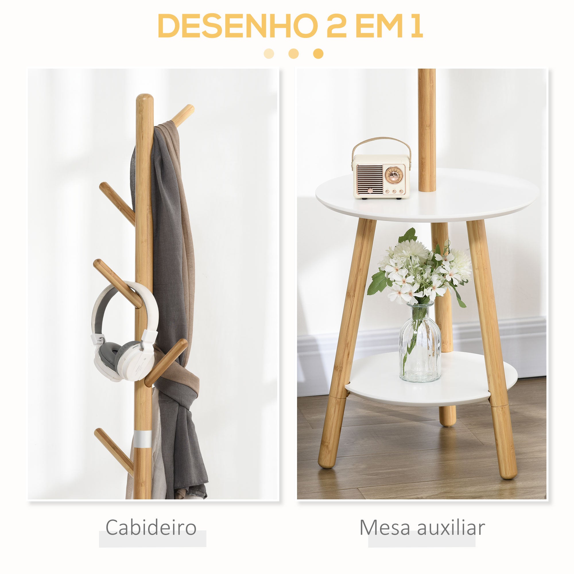 Cabide de Pé Moderno em Bambu e Branco 39x5x39,5x71cm