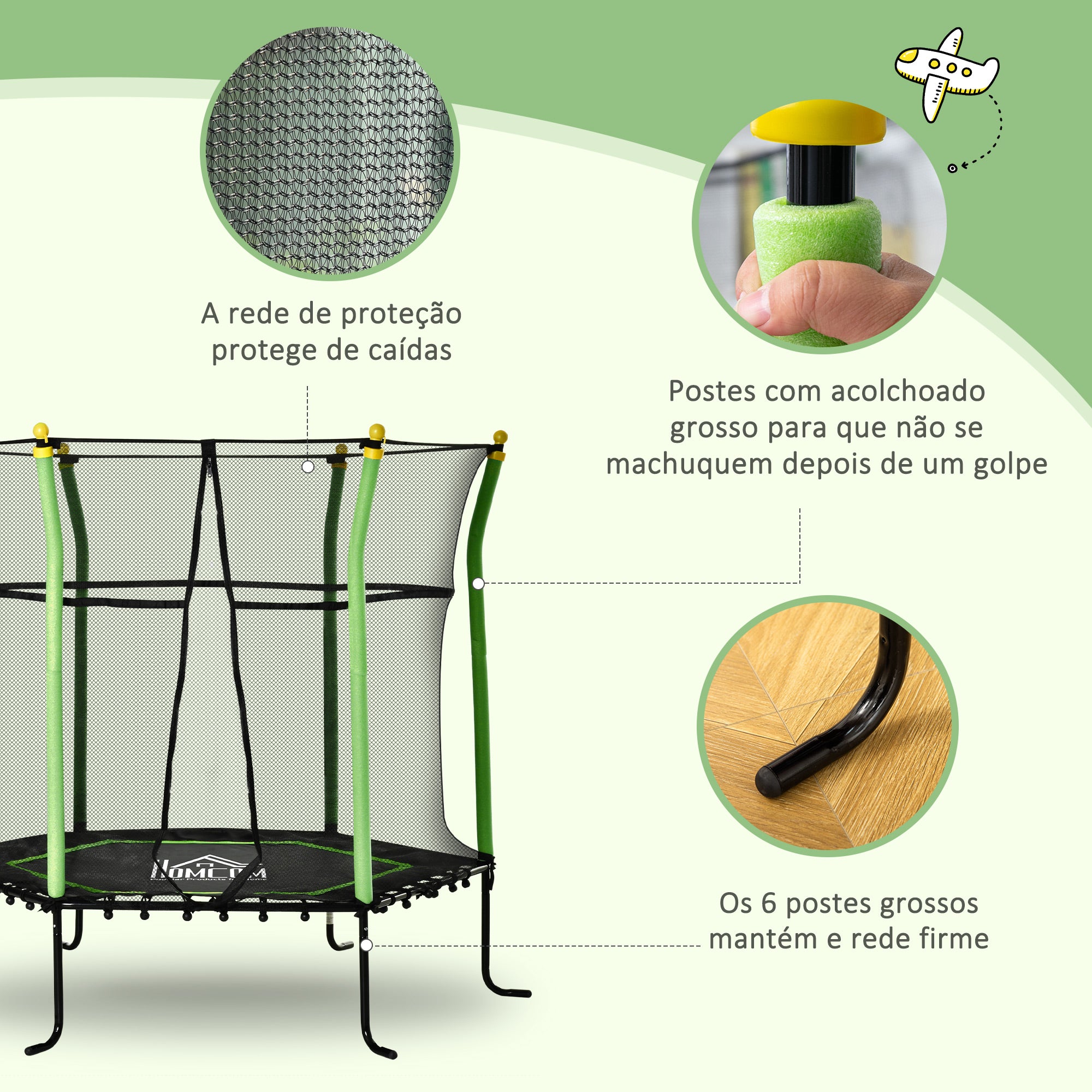 Trampolim Infantil Ø163,5x163,5 cm Verde para Diversão Segura