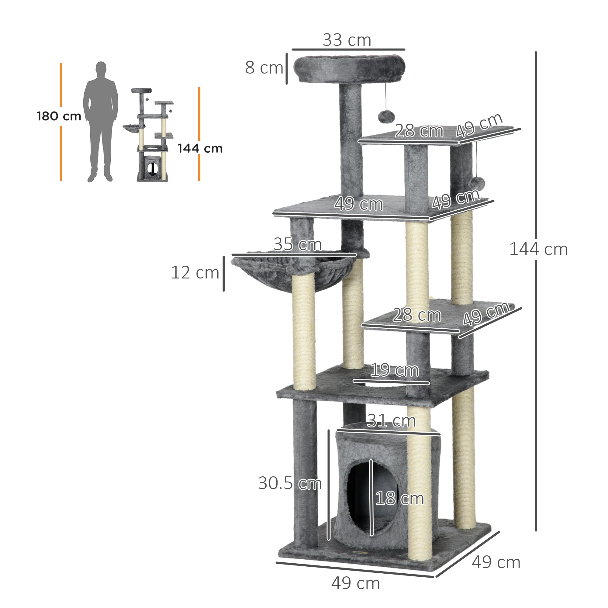 Arranhador para Gatos Grande 144 cm Cinza
