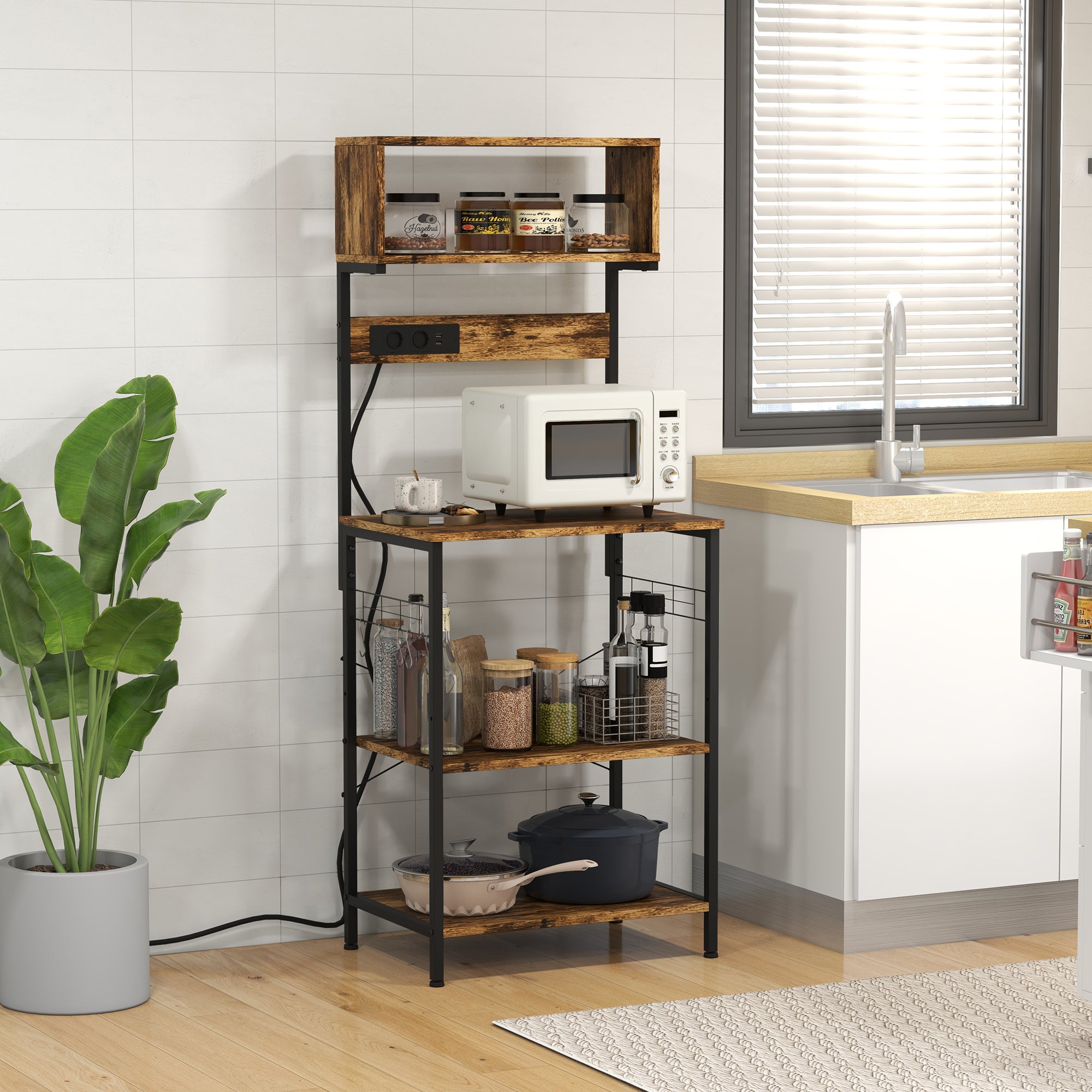 Estante de Cozinha – 60x42x153 cm – Marrom Rústico e Preto – Melamina de madeira e aço