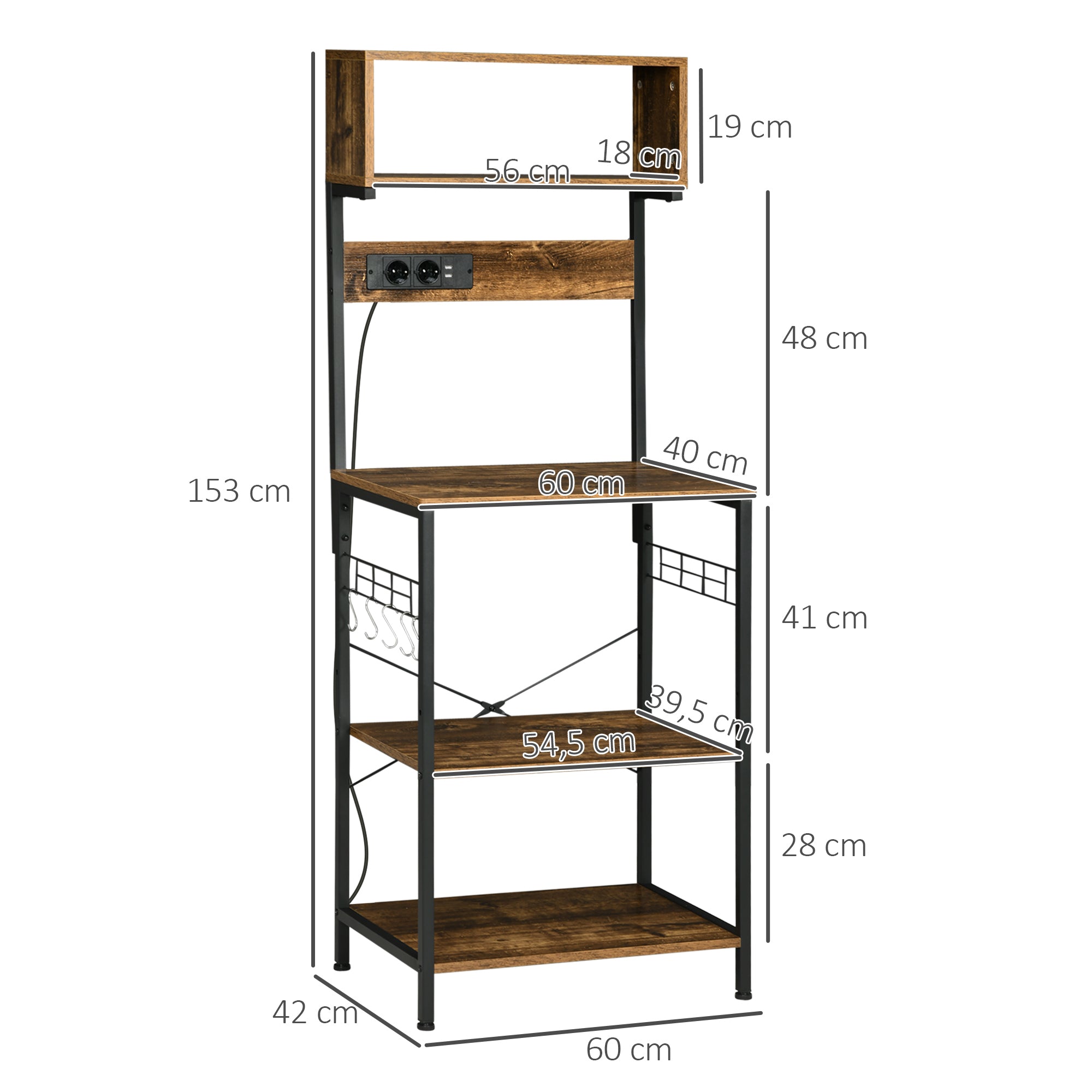 Estante de Cozinha – 60x42x153 cm – Marrom Rústico e Preto – Melamina de madeira e aço